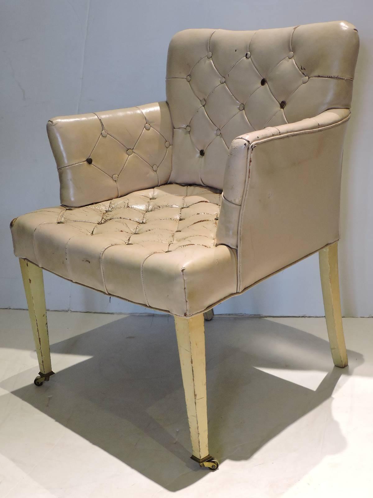 Brass 1940s Regency Pink Leather Button Tufted Chair