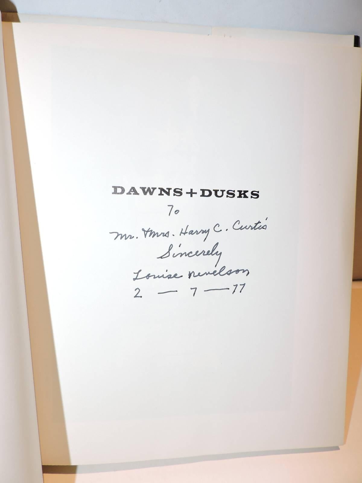  Dawns + Dusks - Louise Nevelson - taped conversations with Diana MacKown - Charles Scribner's Sons - New York - 1976 - ink signed on two title pages in 1977 with personal notes to the Curtis family by both Louise Nevelson and author Diana MacKown -