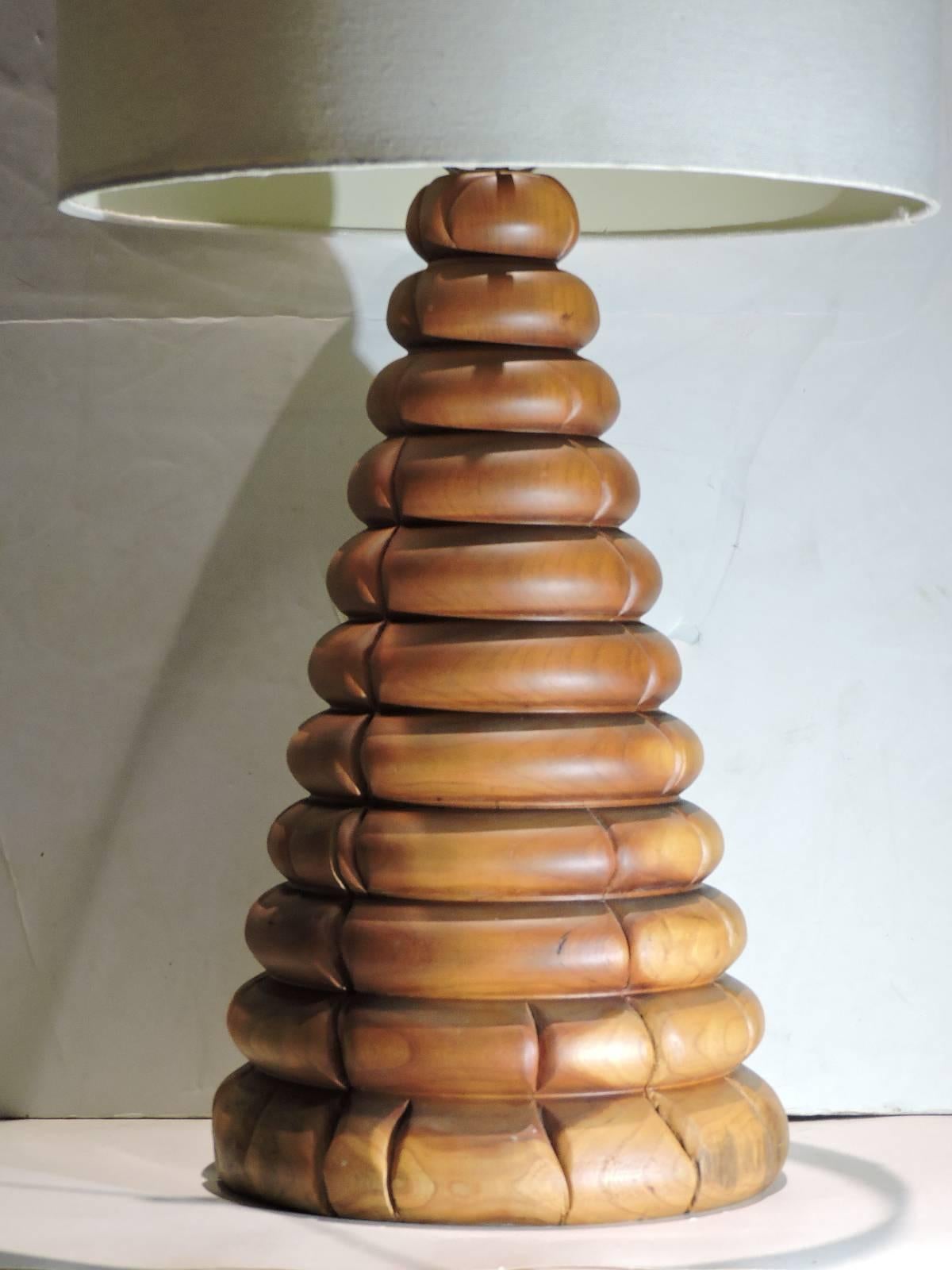 A 1970's American Craft Studio hand turned pyramidal beehive form natural hickory log lamp dating from the 1970's - artist signed - Tari.