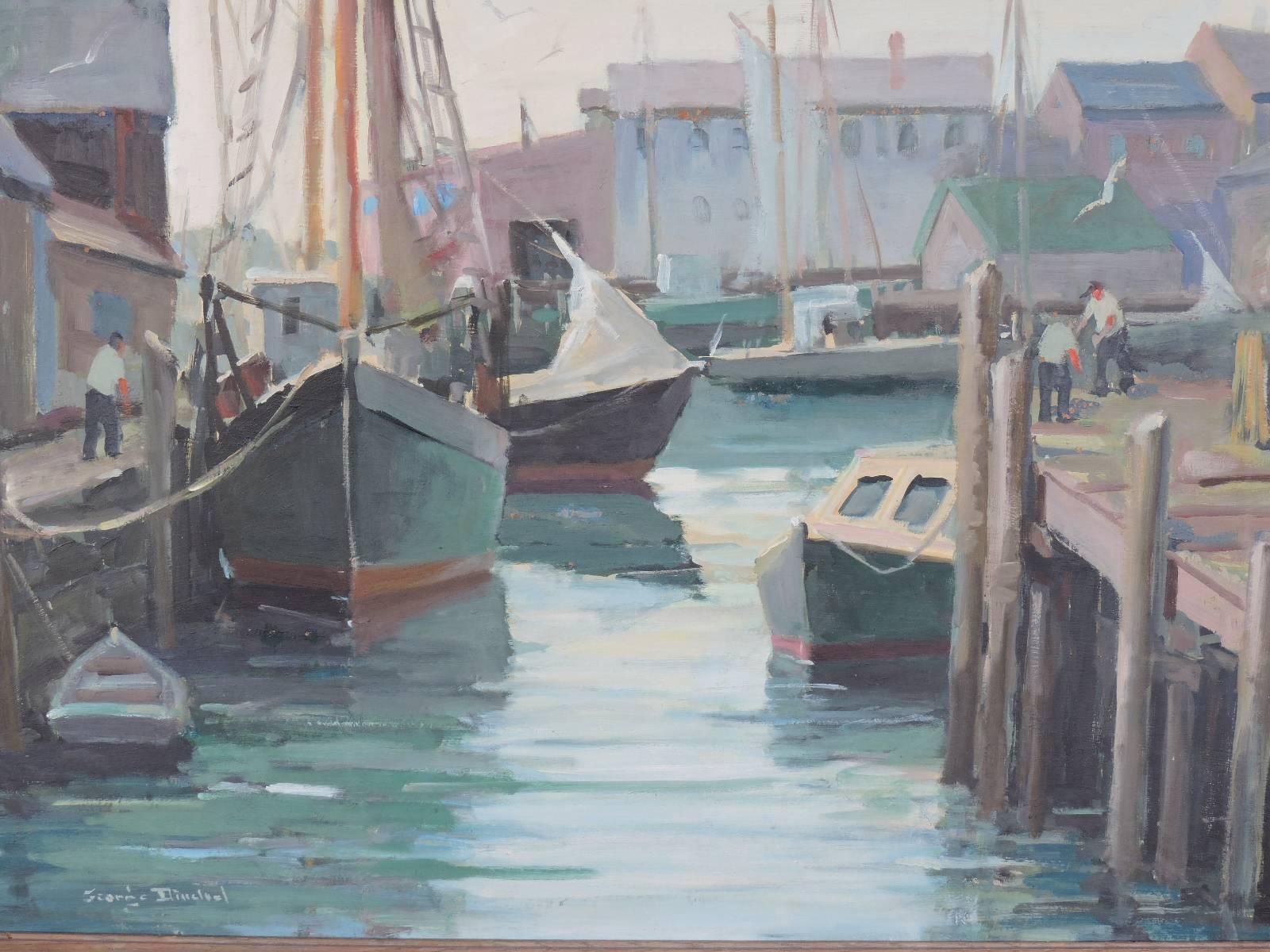 A beautifully executed 1940s New England Cape Ann Rockport harbor scene oil painting on board set in a great gray wood and gilded frame by well listed American artist George Dinckel (1891-1976).