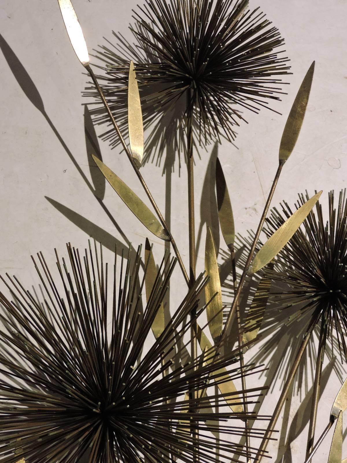 American Large Brass Urchin Pom Pom Tree Wall Sculpture by Curtis Jere