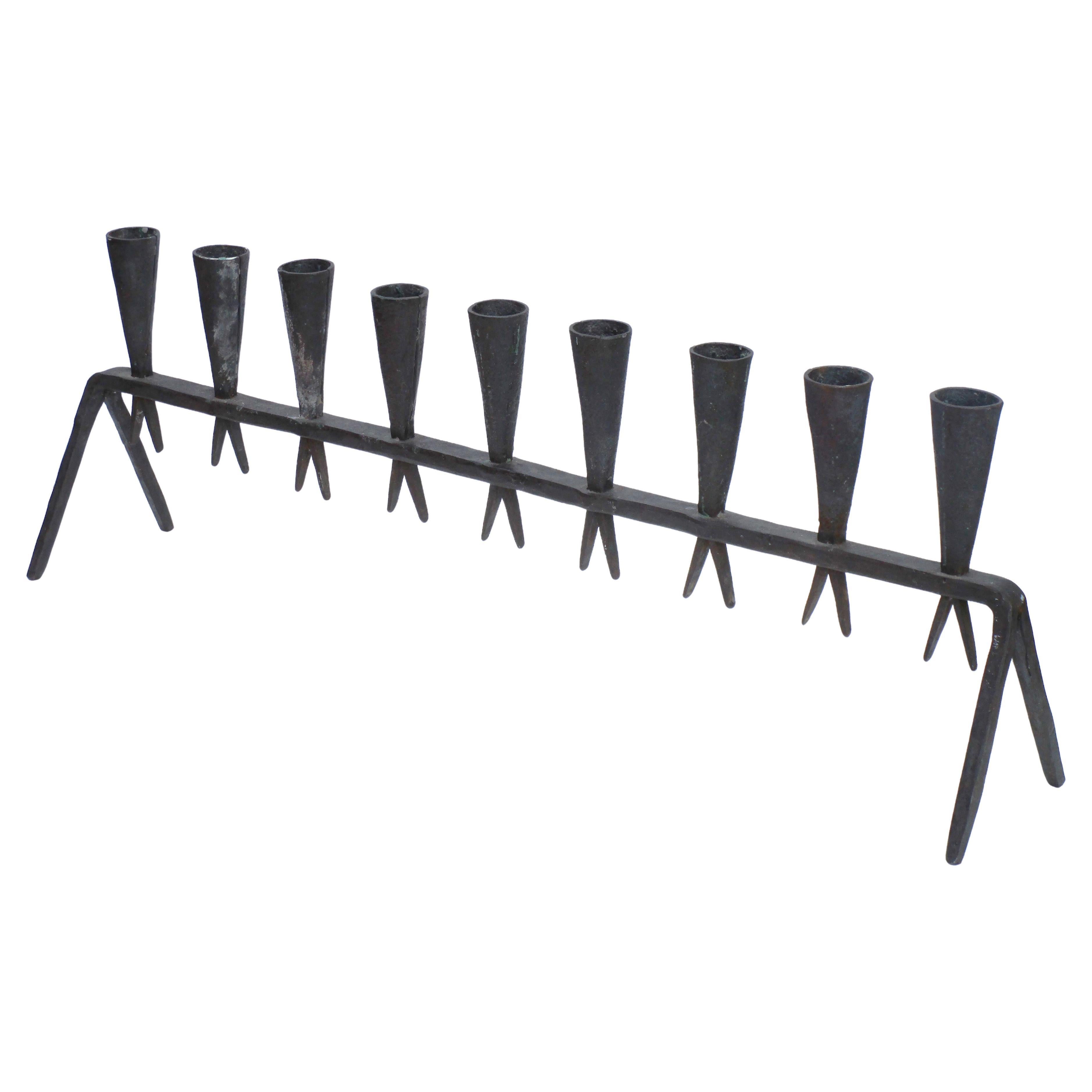American Studio Craft hand wrought iron Menorah. Great looking beautifully sculpted modernist design in nicely aged original blackened finish. Circa 1960's. Measures 22