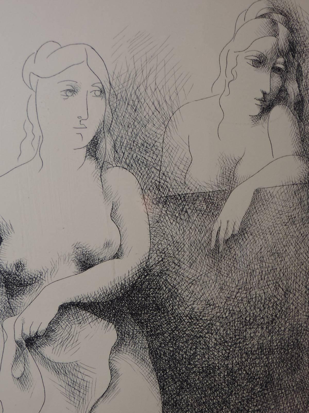 A very finely detailed lithograph of three naked women with a bull in the bacchanalian style of Picasso, circa 1950s-1960s. Pencil signed with artist signature lower right corner, we cannot decipher the name (see image 7) and pencil numbered 118/260