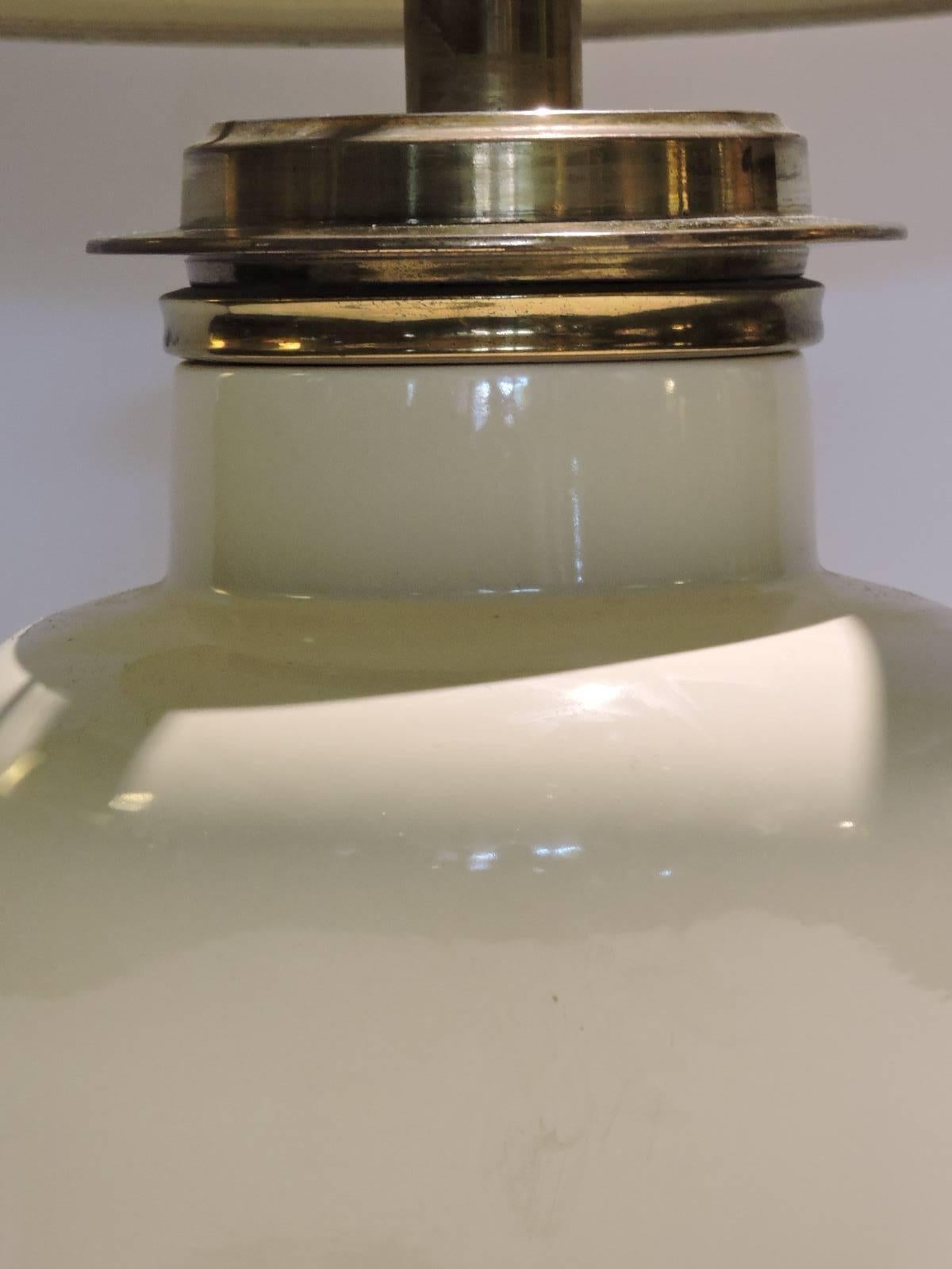 Hollywood Regency Karl Springer Style Vellum White Glazed Ceramic and Brass Table Lamp