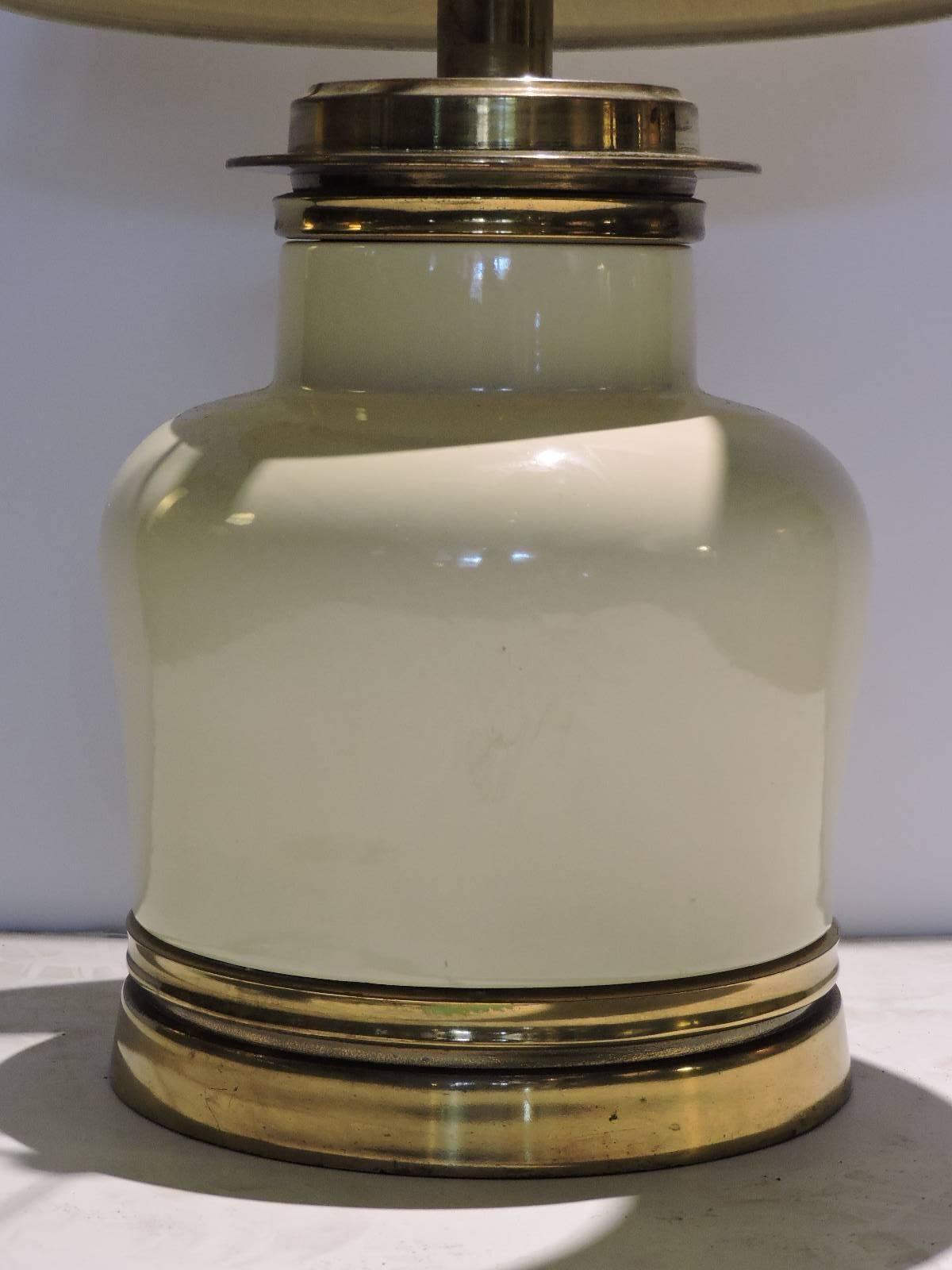Karl Springer Style Vellum White Glazed Ceramic and Brass Table Lamp 1