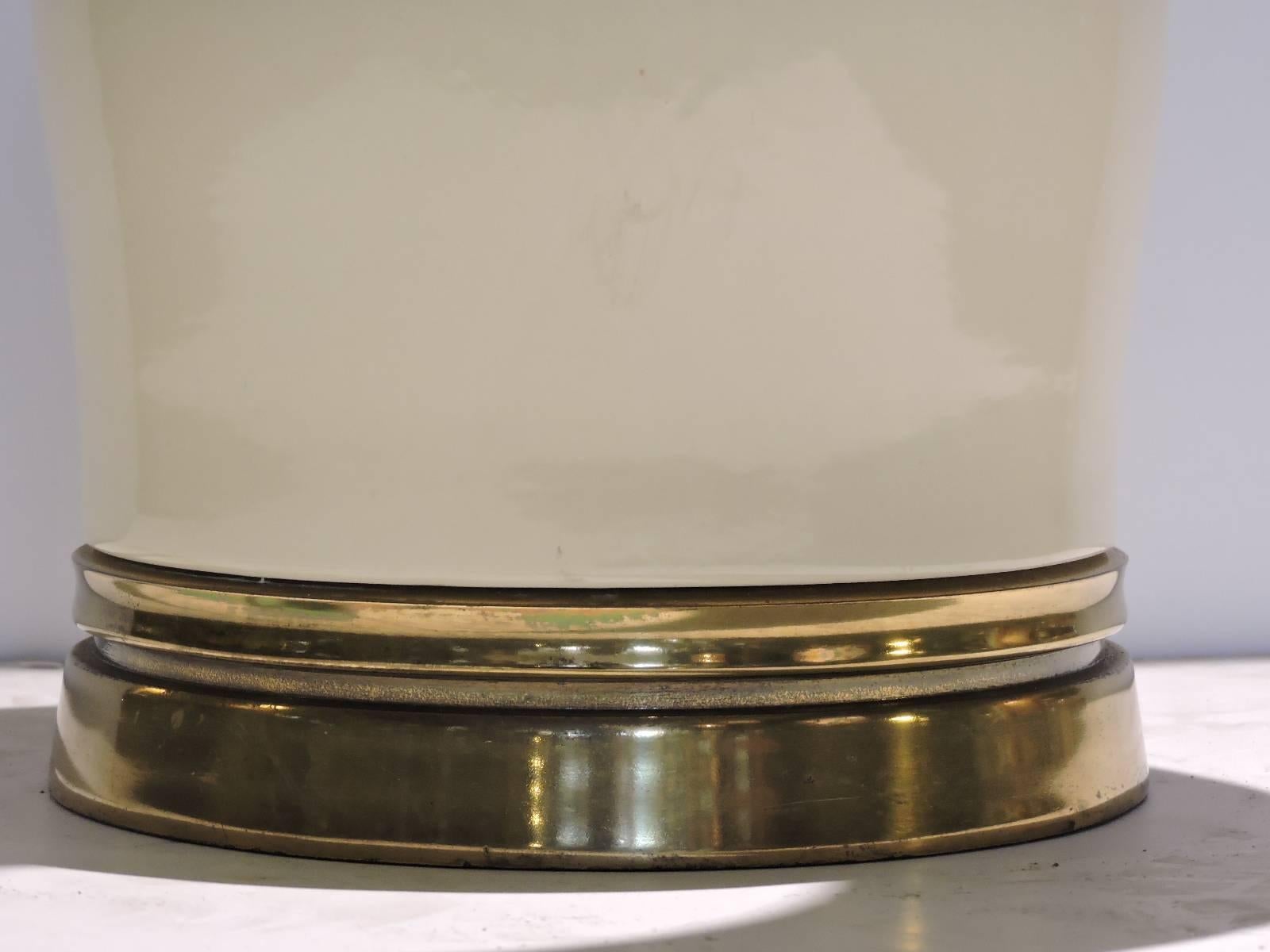 20th Century Karl Springer Style Vellum White Glazed Ceramic and Brass Table Lamp