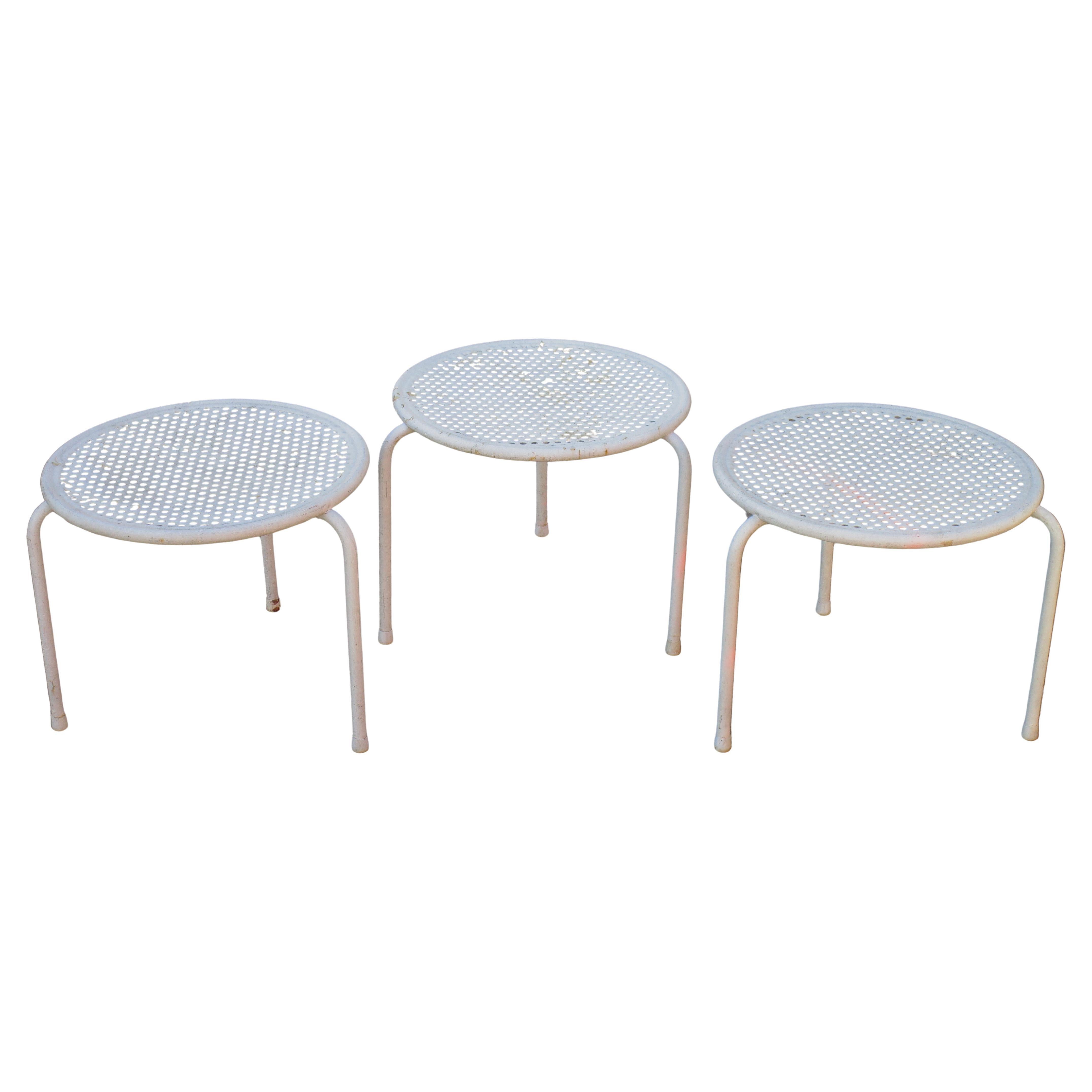 Set of 3 Perforated Top Tri-Leg Metal Tables Emu Italy 1960's For Sale