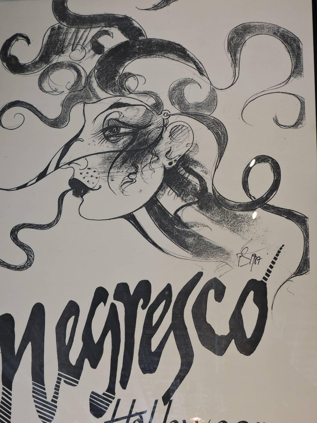 A hard to find lithograph poster by Ramon Santiago (signed RS 1987) titled - Negresco - Halloween Party - best costume - dinner for two -Saturday 0ct 31st - 814 S. Clinton Ave.   Overall very good clean crisp vintage condition with an area of paper