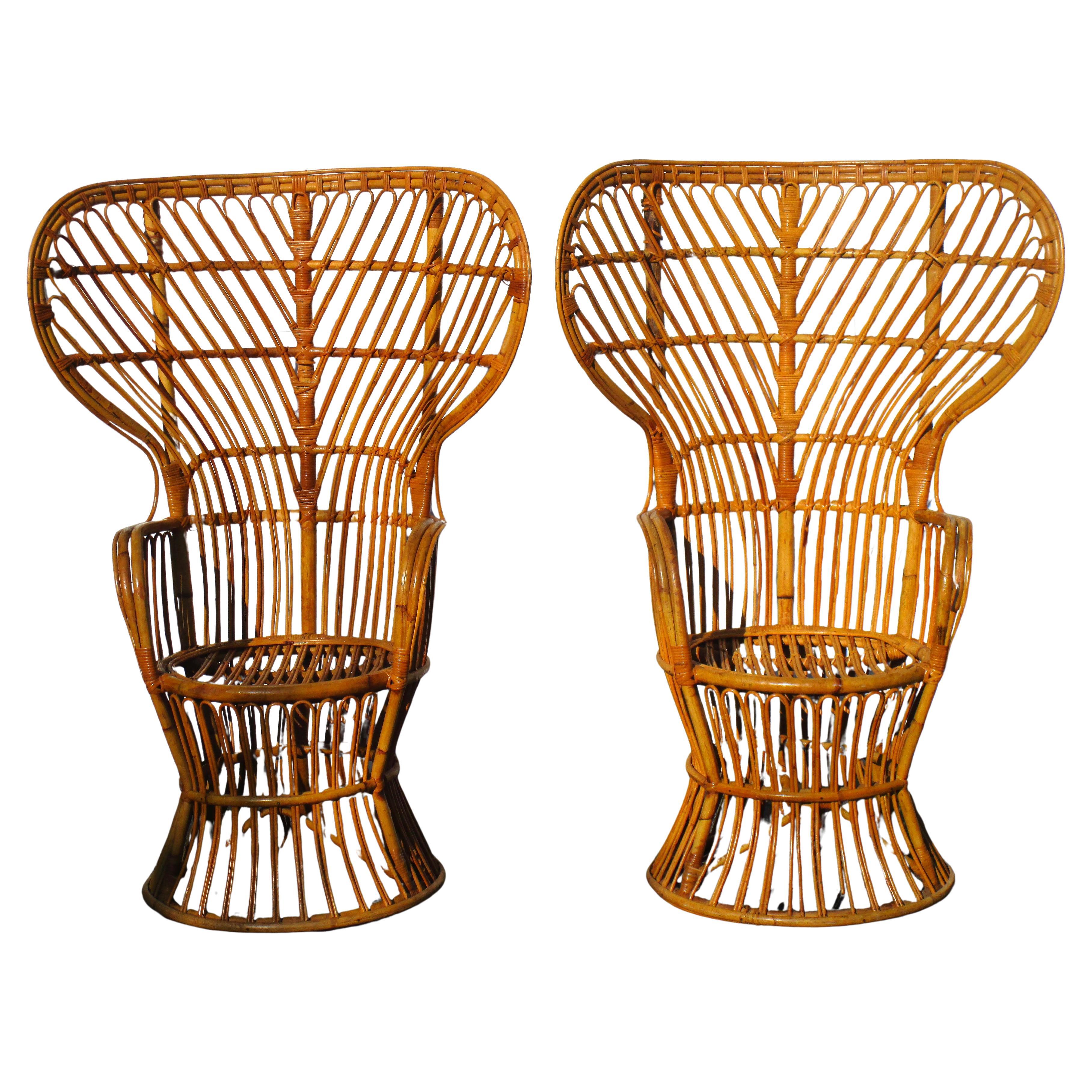 Pair High Back Rattan Armchairs Lio Carminati Italy 1950
s