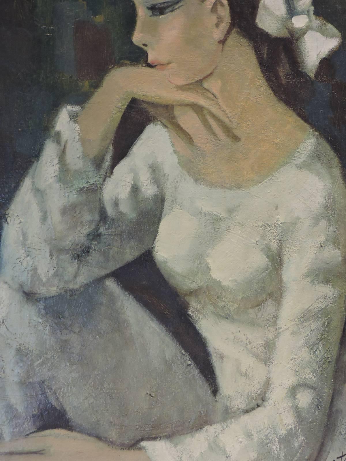 A French oil on canvas painting of a beautiful young woman with a large white flower in her hair by Rafael Ortega (Spanish-born 1932) in original period giltwood frame. Signed lower right front Rafael Ortega/also signed on back Rafael Ortega