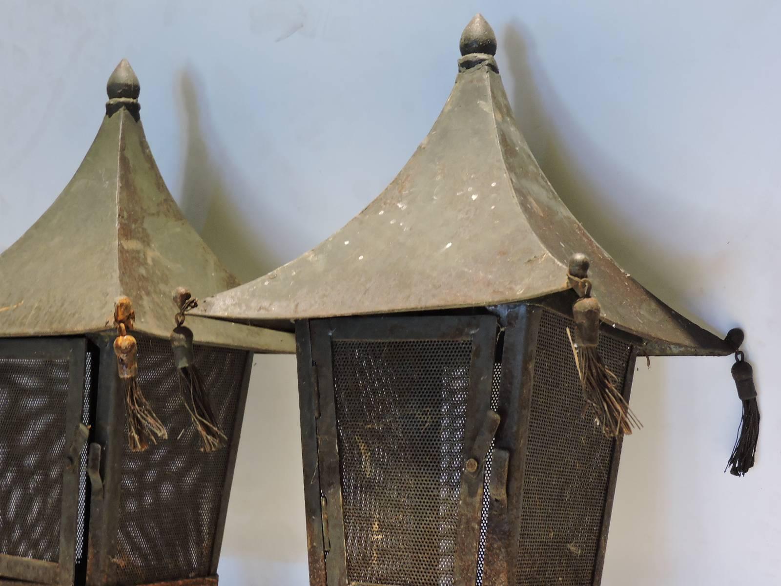 Painted Pair of Tasseled Pagoda Form Candle Lanterns