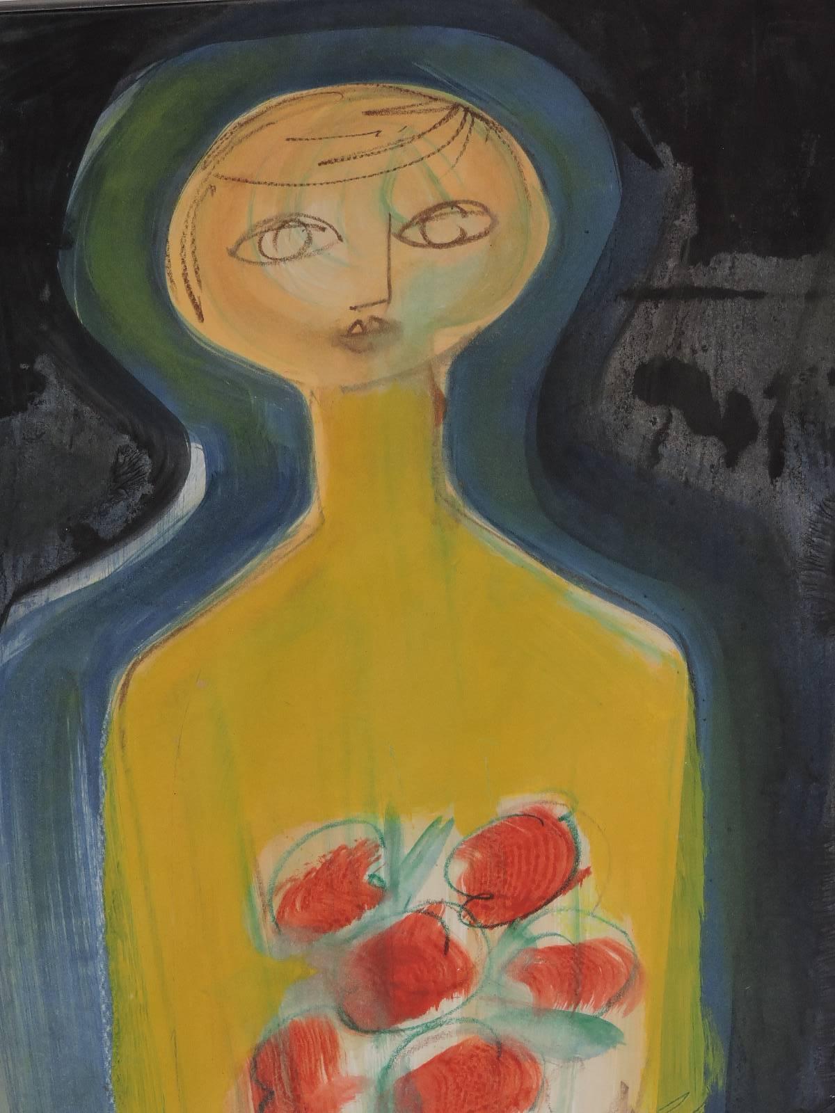 A very appealing large modernist gouache and crayon mixed media painting of woman holding a bouquet of red flowers executed with spontaneous brush strokes and a beautifully layered color field - signed lower right bottom C. Klavsons.