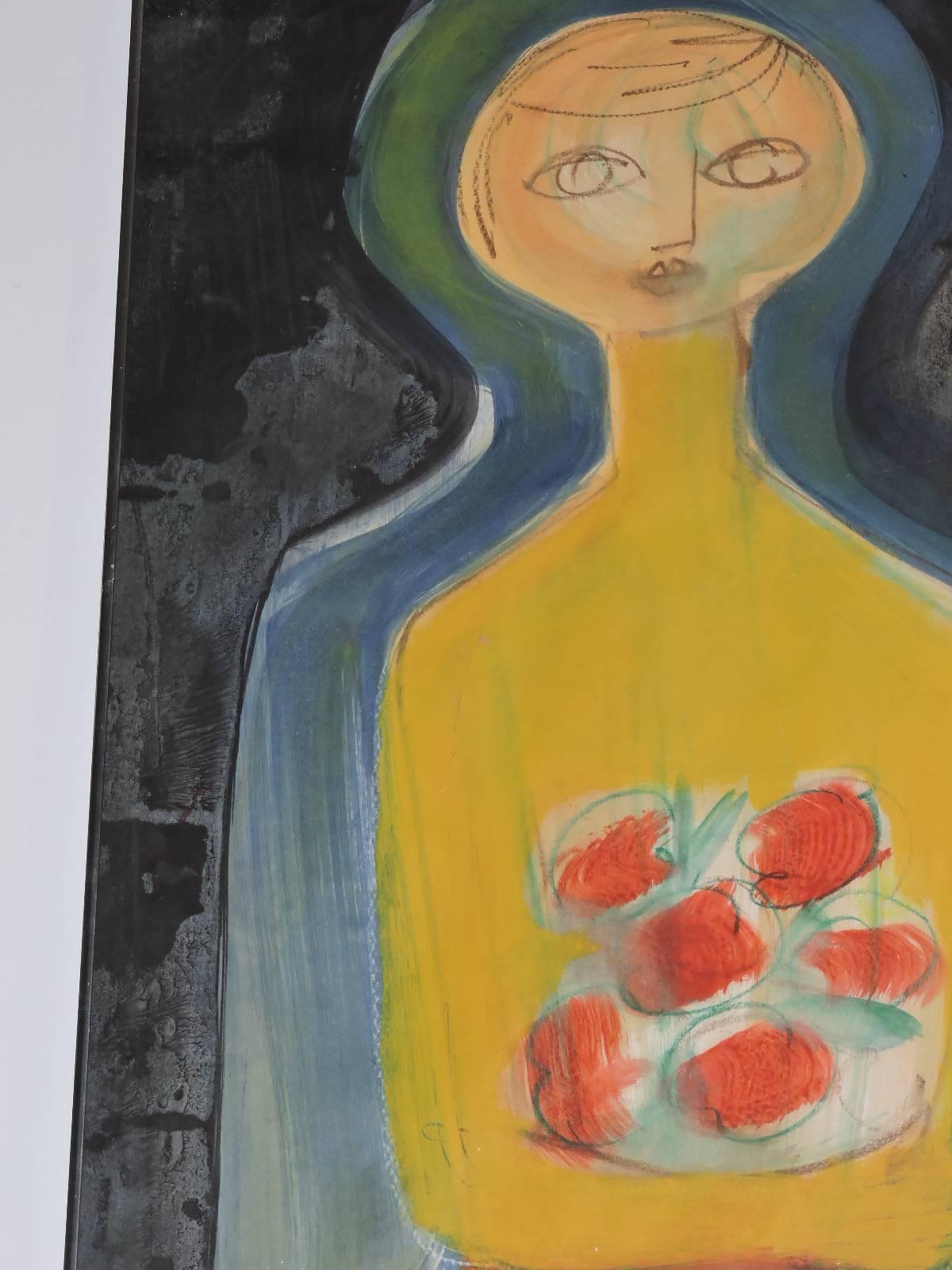 20th Century Bold Modernist Painting of Woman with Flowers