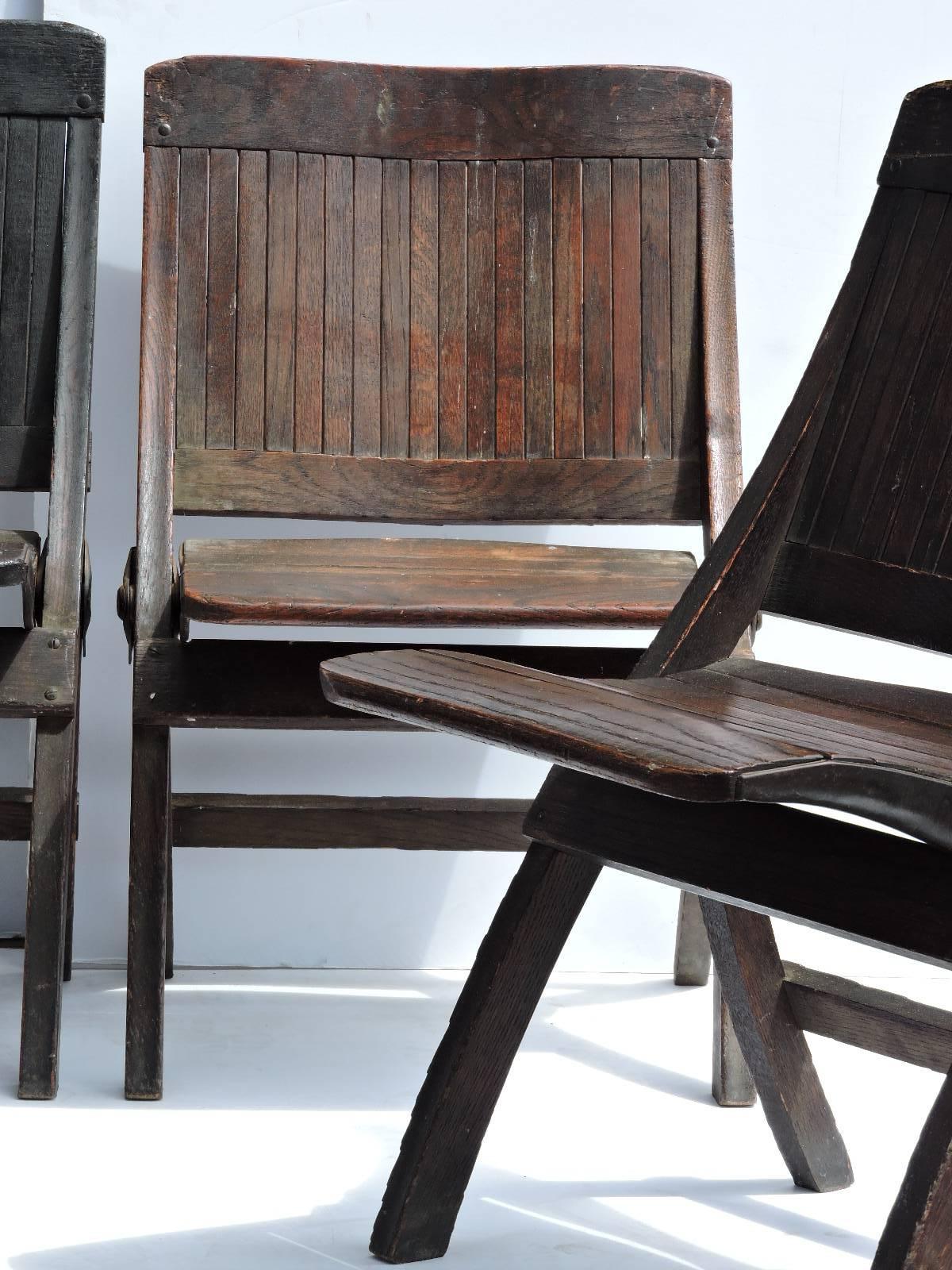 Oak Antique Slatted Wood and Steel Folding Chairs