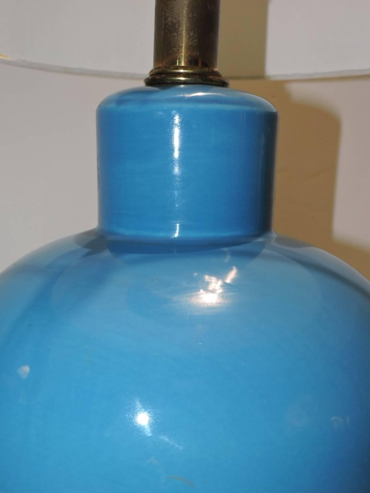 Cyan Blue Glazed Ceramic Ginger Jar Lamp In Good Condition In Rochester, NY