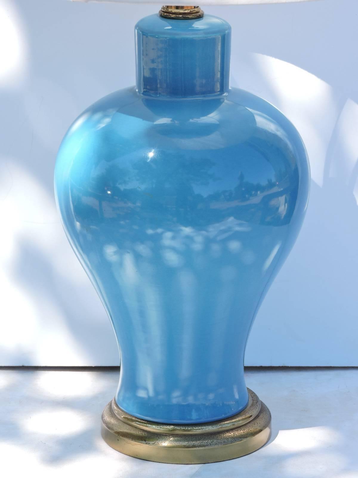 A very pretty ceramic tall ginger jar lamp with a beautiful deep cyan blue gloss glaze, 1960-1970.