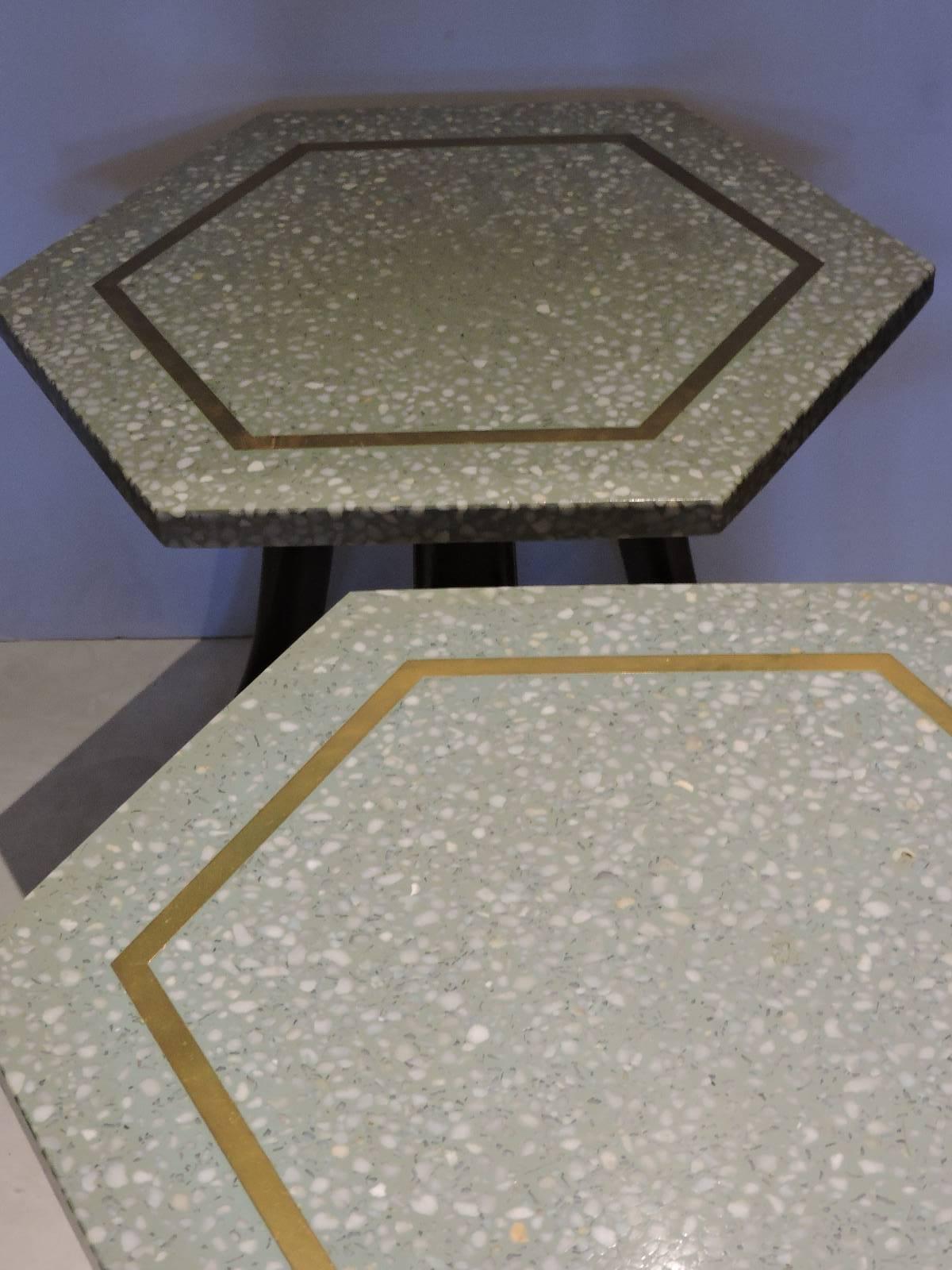 Mid-Century Modern Terrazzo and Brass Hexagon Top Tables by Harvey Probber