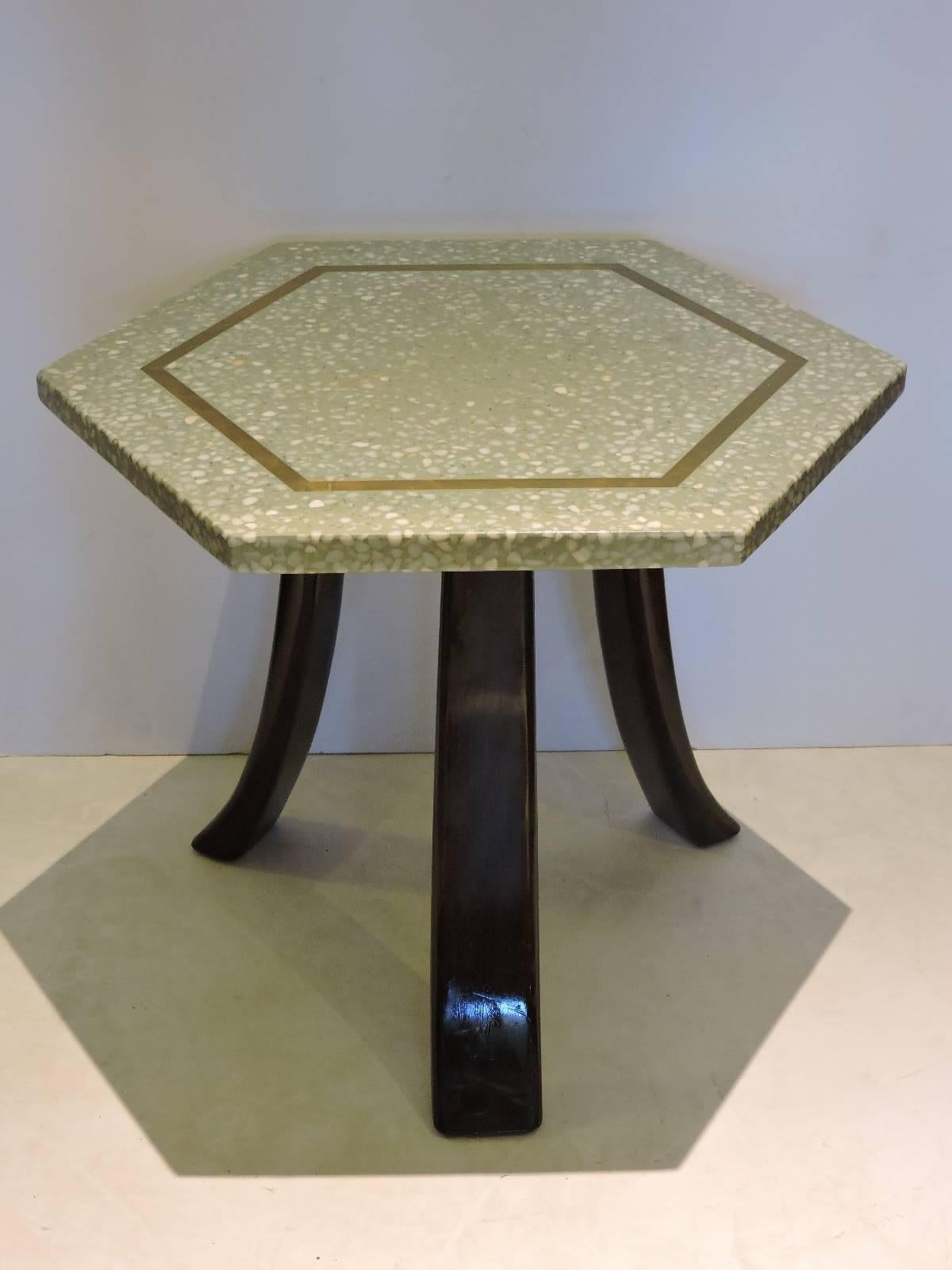 Terrazzo and Brass Hexagon Top Tables by Harvey Probber In Good Condition In Rochester, NY