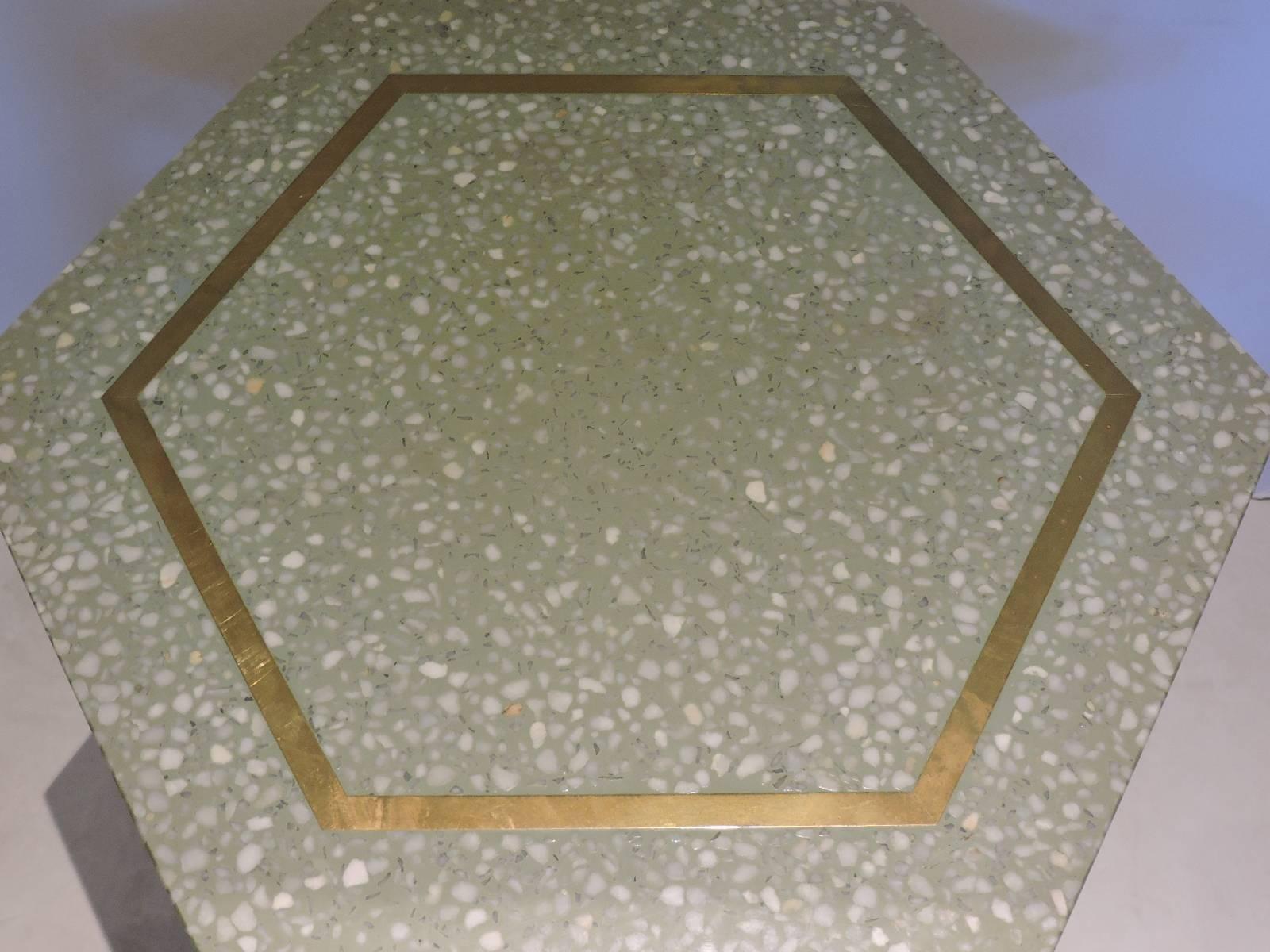 20th Century Terrazzo and Brass Hexagon Top Tables by Harvey Probber