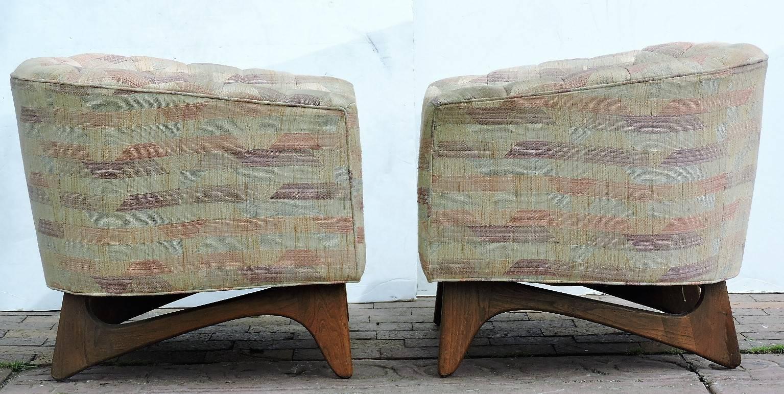 A very good pair of wide and deep barrel form lounge chairs by Adrian Pearsall for Craft Associates. These chairs have exceptionally sculptural nicely grained walnut legs and are great looking from every viewing angle. Structurally solid well built