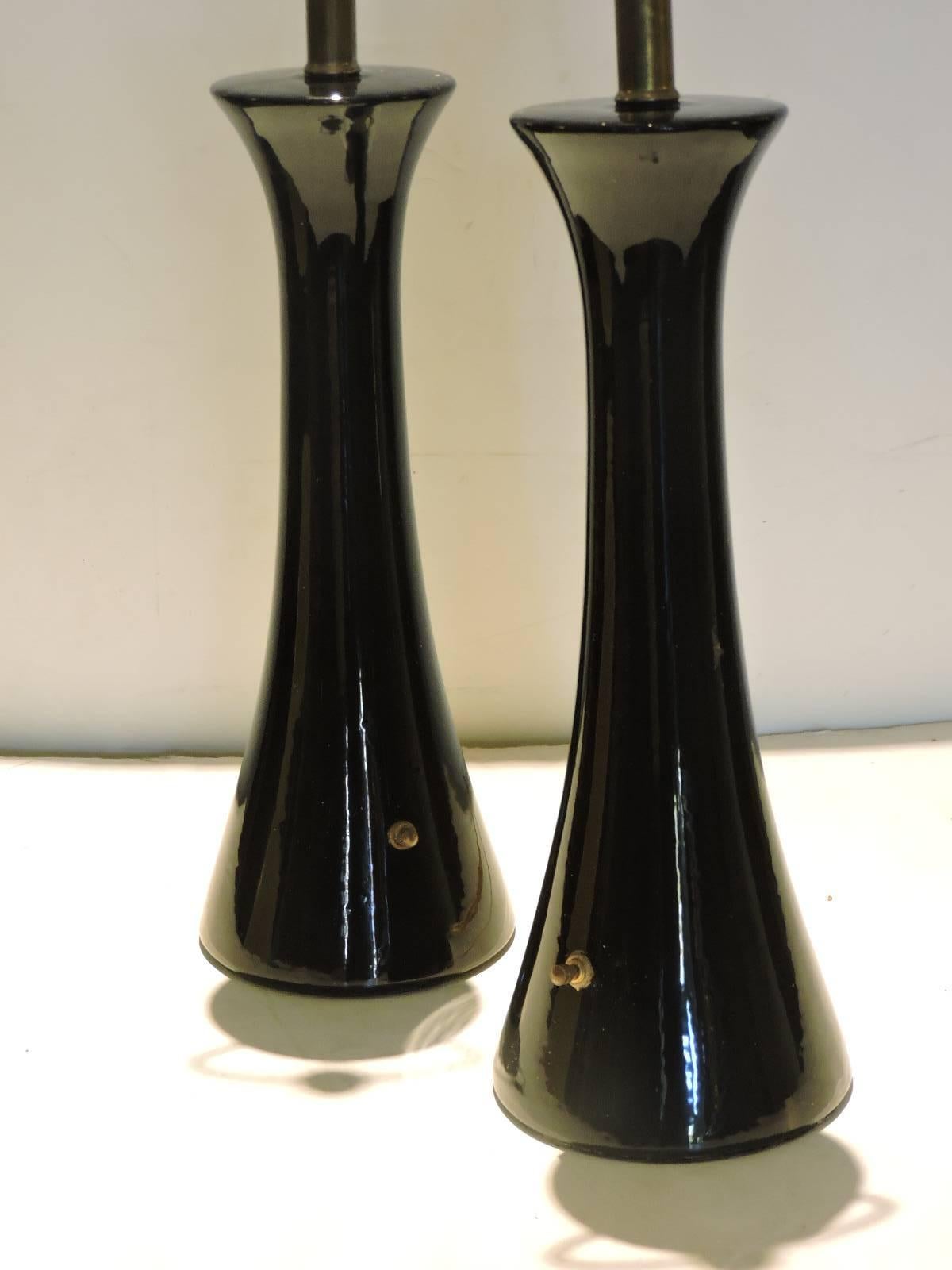 Mid-Century Streamlined Black Glazed Ceramic Lamps 1