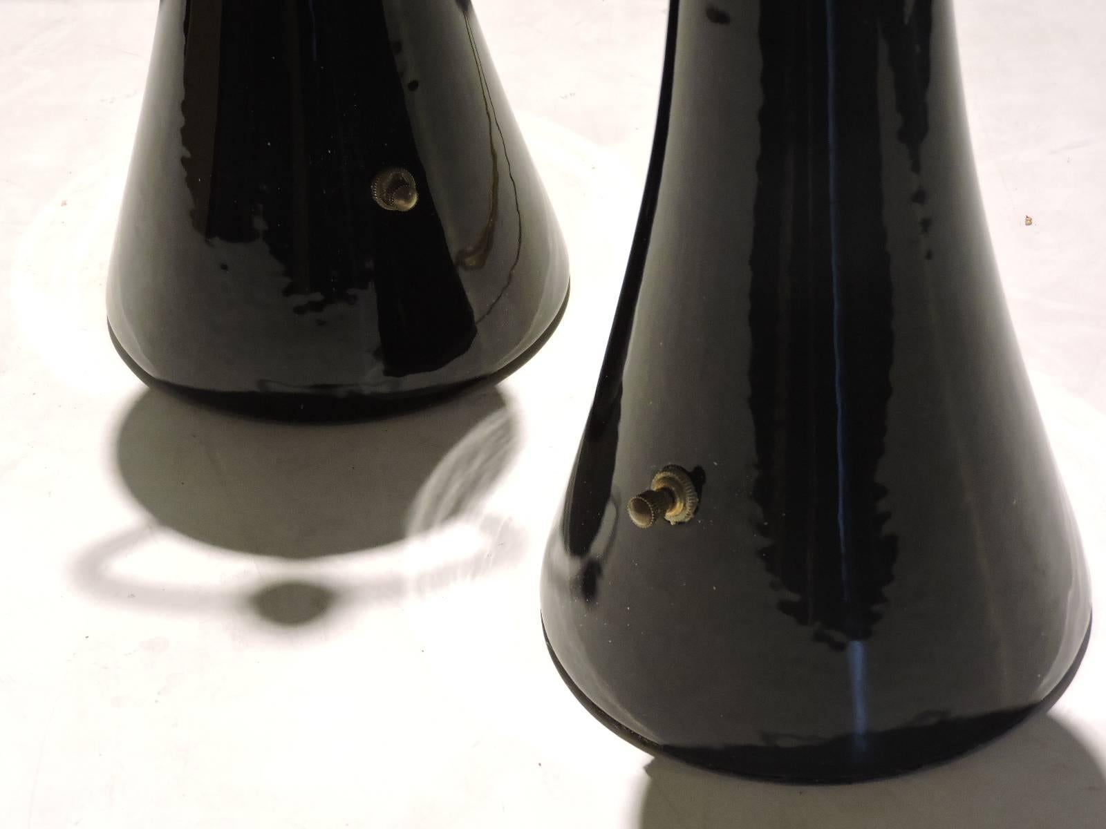 Brass Mid-Century Streamlined Black Glazed Ceramic Lamps