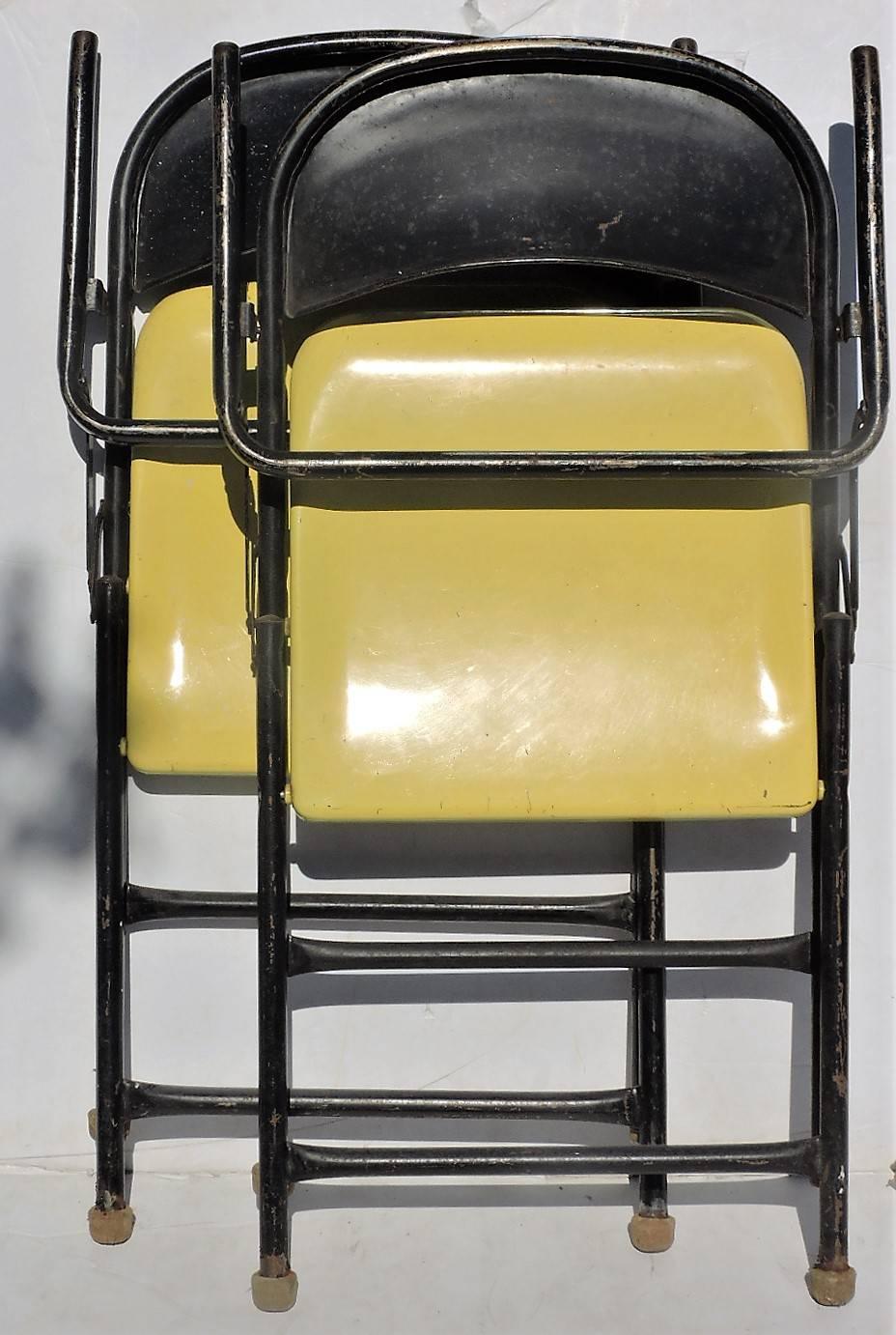Sculptural Grasshopper Form Black and Yellow Metal Folding Chairs In Good Condition For Sale In Rochester, NY