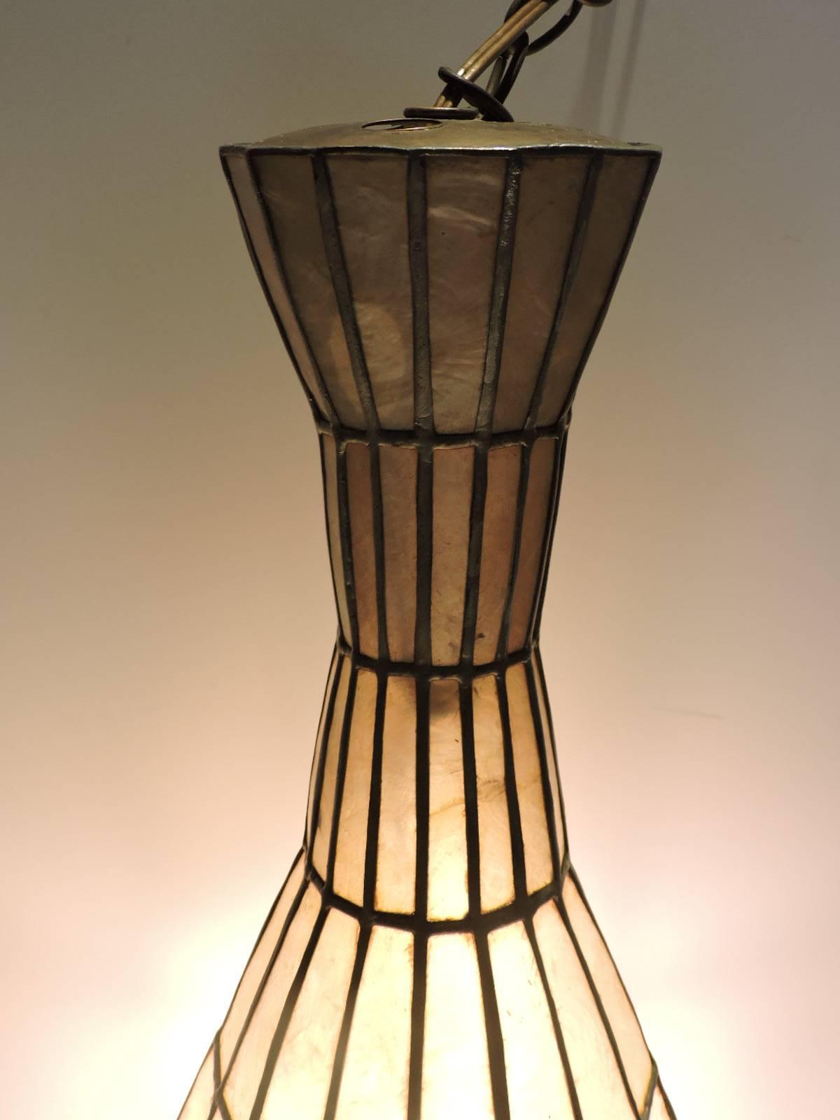 Mid-Century Modern Large Elongated Vase Form Capiz Shell Pendant Chandelier For Sale