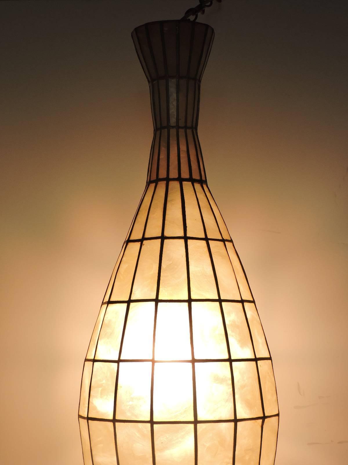 Mid-Century Modern Large Elongated Vase Form Capiz Shell Pendant Chandelier For Sale