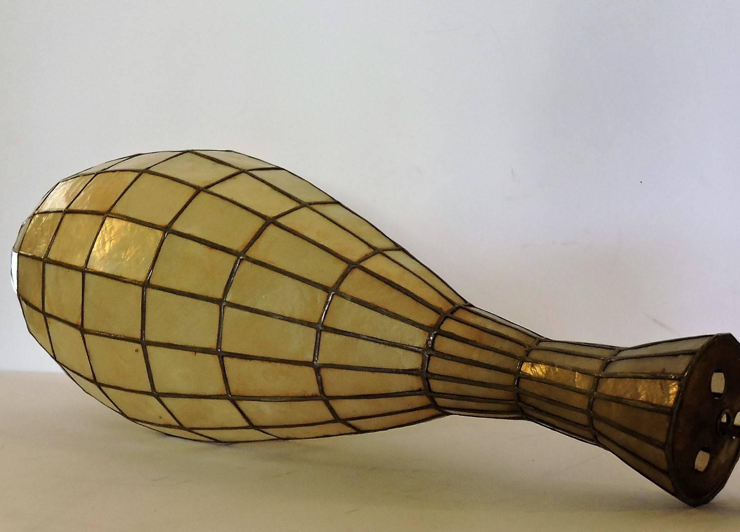 Brass Large Elongated Vase Form Capiz Shell Pendant Chandelier For Sale