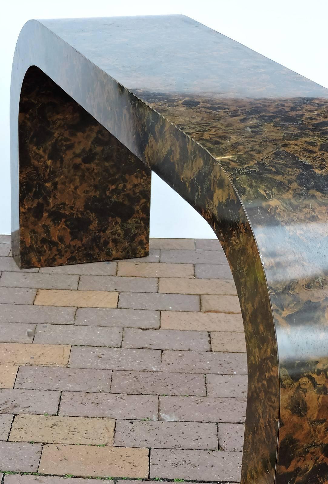 Karl Springer Style Faux Tortoise Marbleized Waterfall Console Table In Good Condition In Rochester, NY