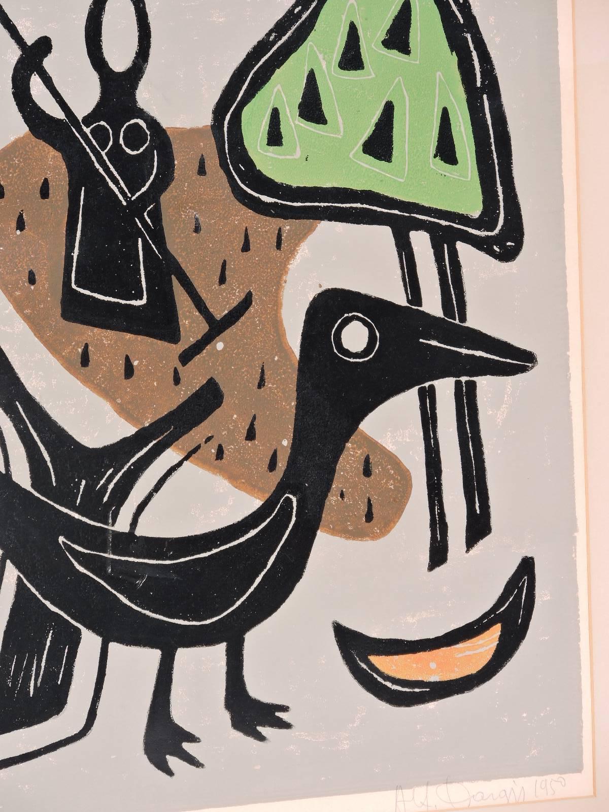 A mid-20th century abstract modernist woodcut on paper 