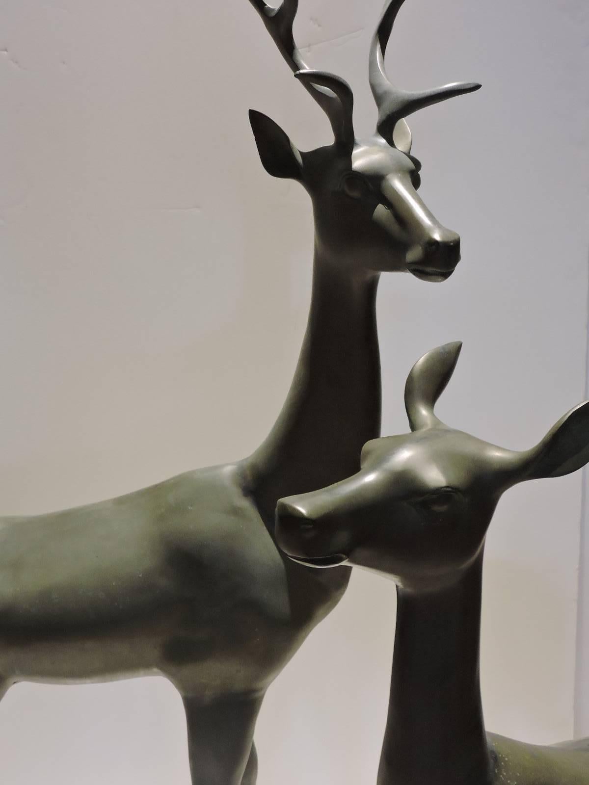 Pair of Hollywood Regency Large Bronzed Brass Deer Statues 2