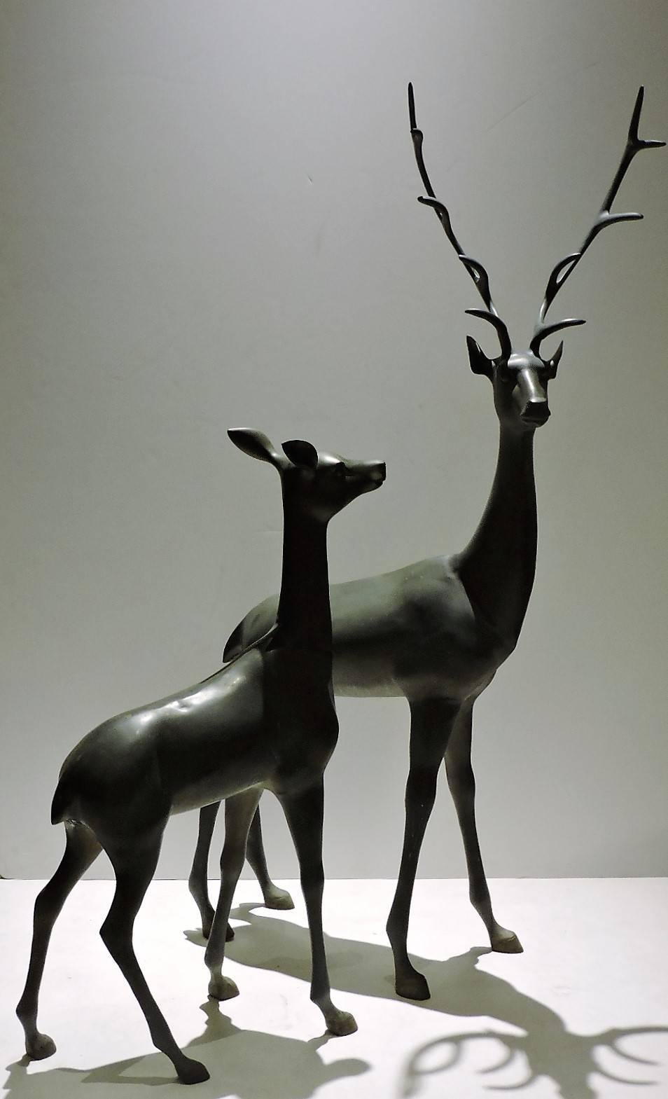 Pair of Hollywood Regency Large Bronzed Brass Deer Statues In Excellent Condition In Rochester, NY