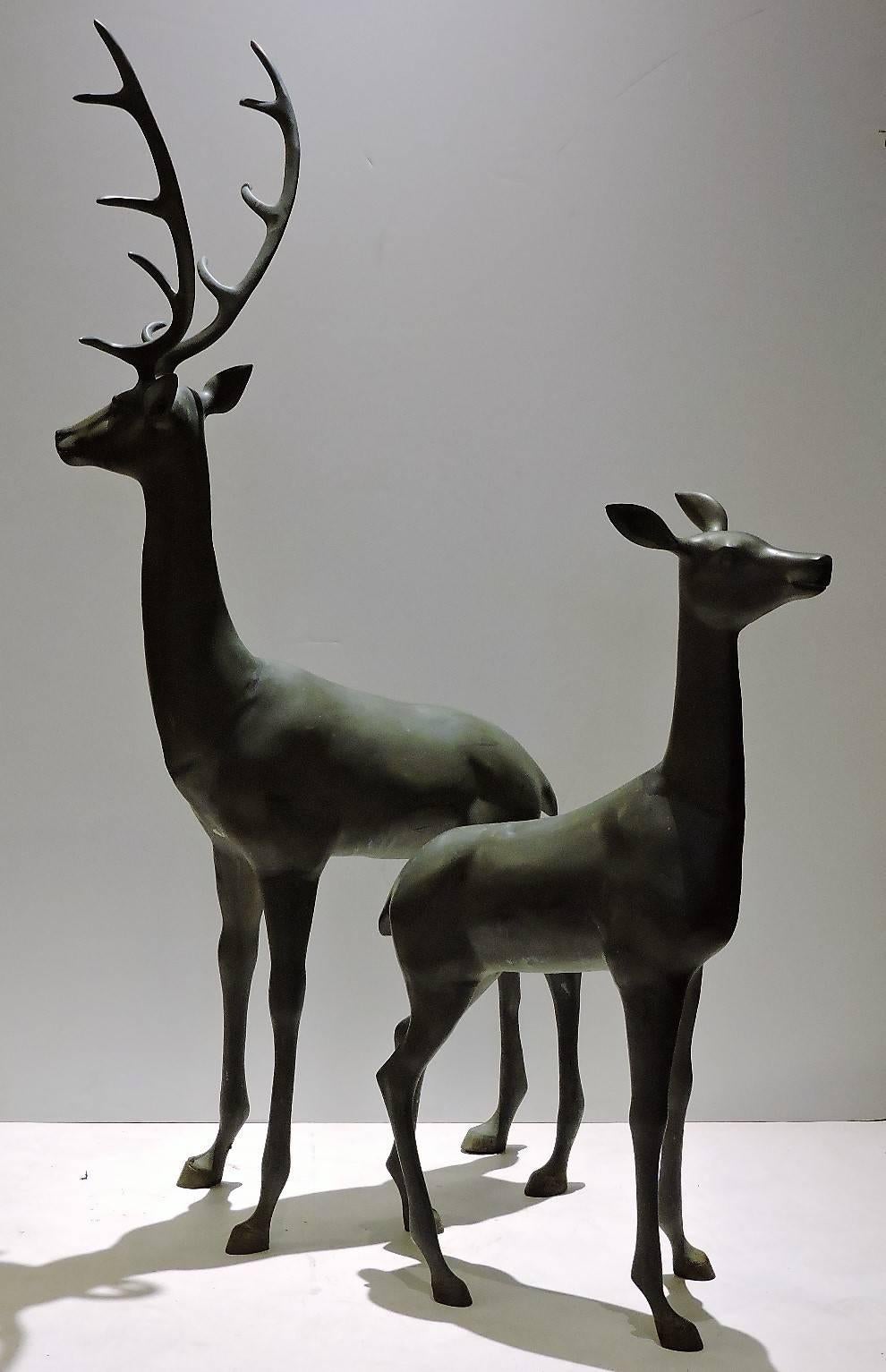 Pair of Hollywood Regency Large Bronzed Brass Deer Statues 1