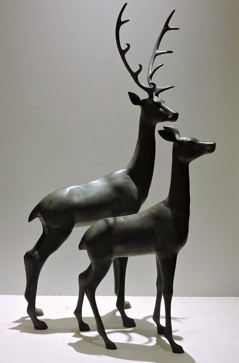 Pair of Hollywood Regency Large Bronzed Brass Deer Statues 3