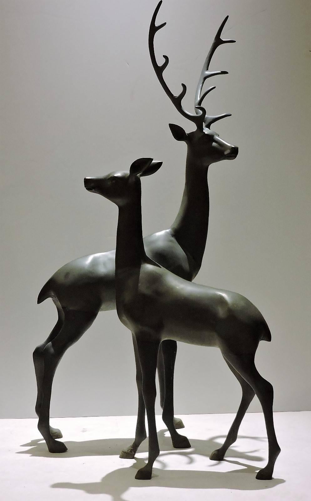 Pair of Hollywood Regency Large Bronzed Brass Deer Statues 4