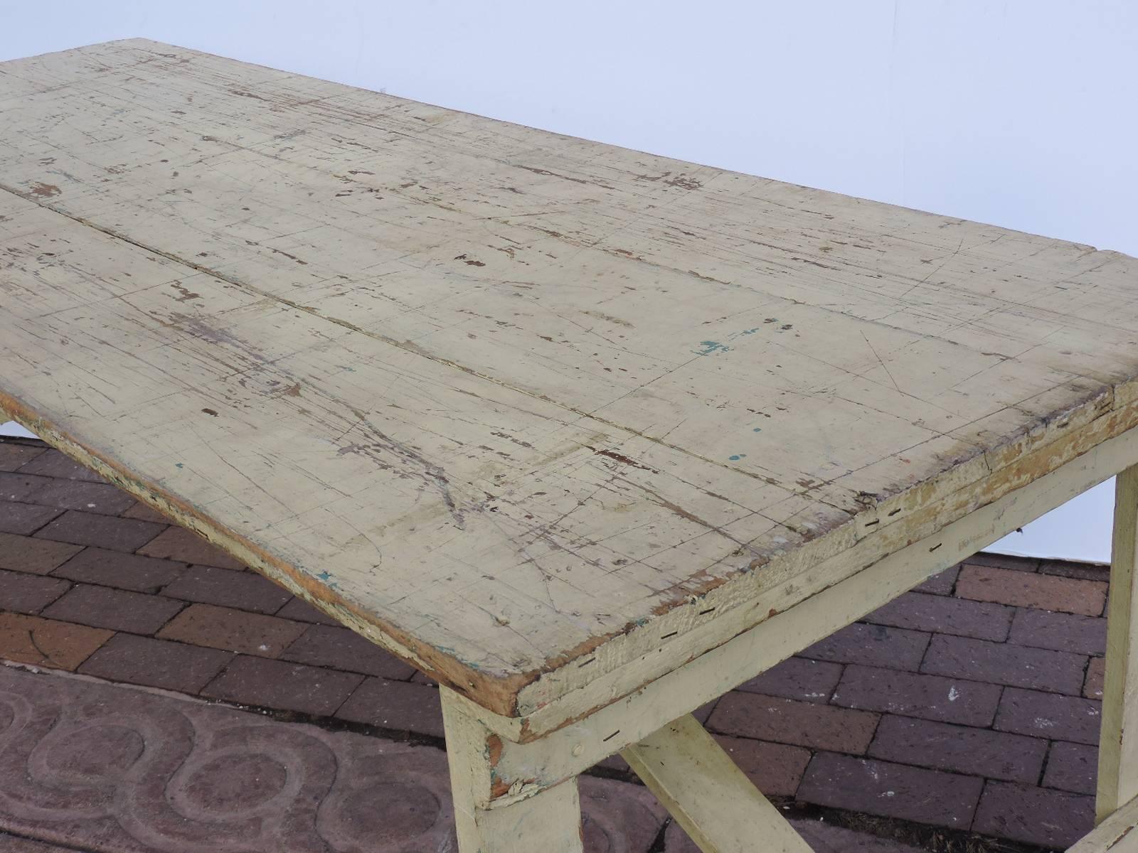 Painted  Collapsible Leg Rustic Farm Table in Old Pale Yellow Paint