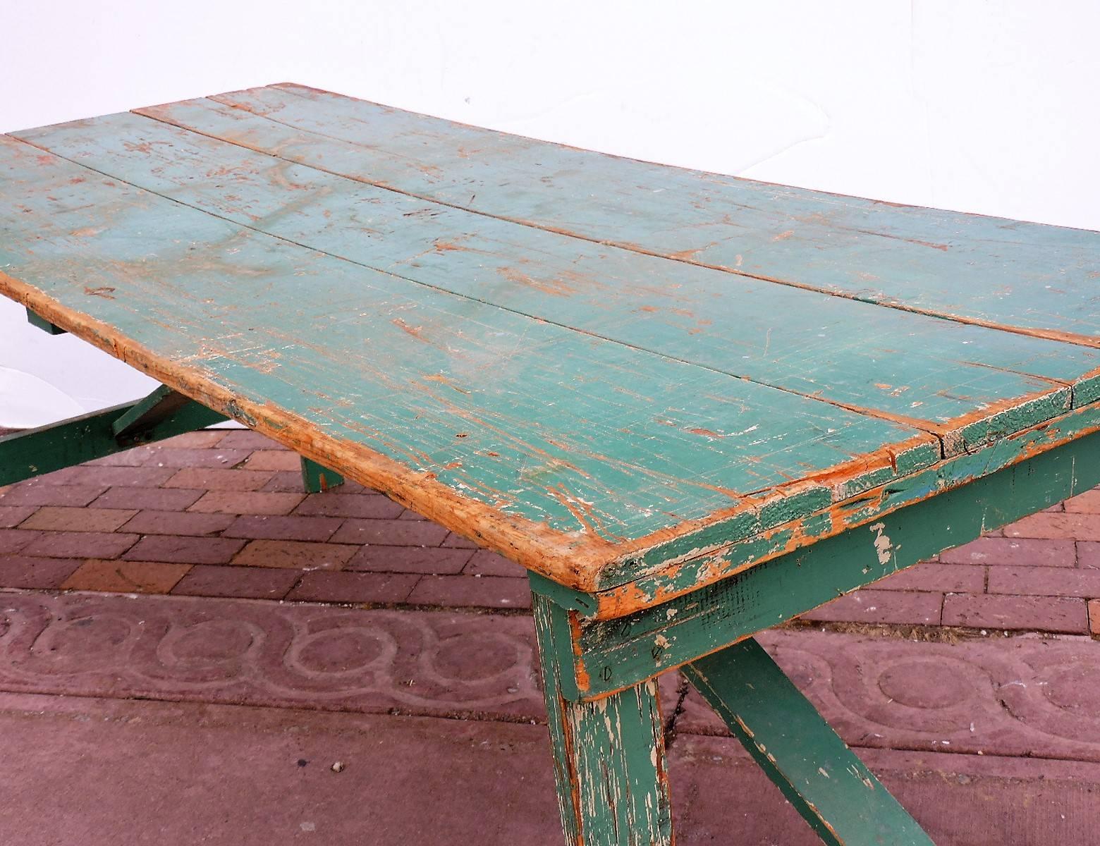 Rustic Collapsible Leg Farm Dining Table in Old Green Paint
