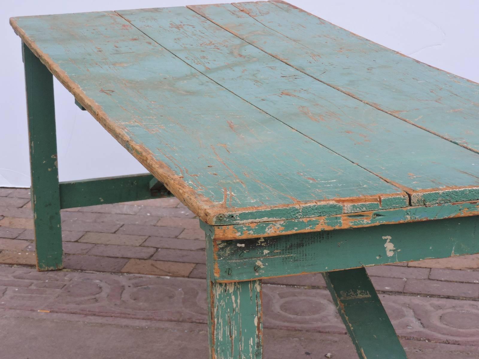 Antique collapsible folding leg farm harvest grange work dining table in beautifully aged old worn green painted surface. A very versatile design form that can be used inside outside all around the house / at the spur of the moment for any occasion