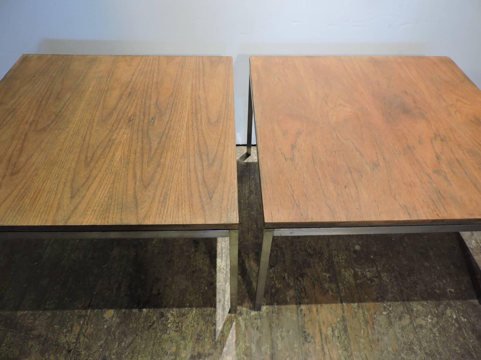 Early Florence Knoll Steel Tables with Floating Walnut Tops In Good Condition In Rochester, NY