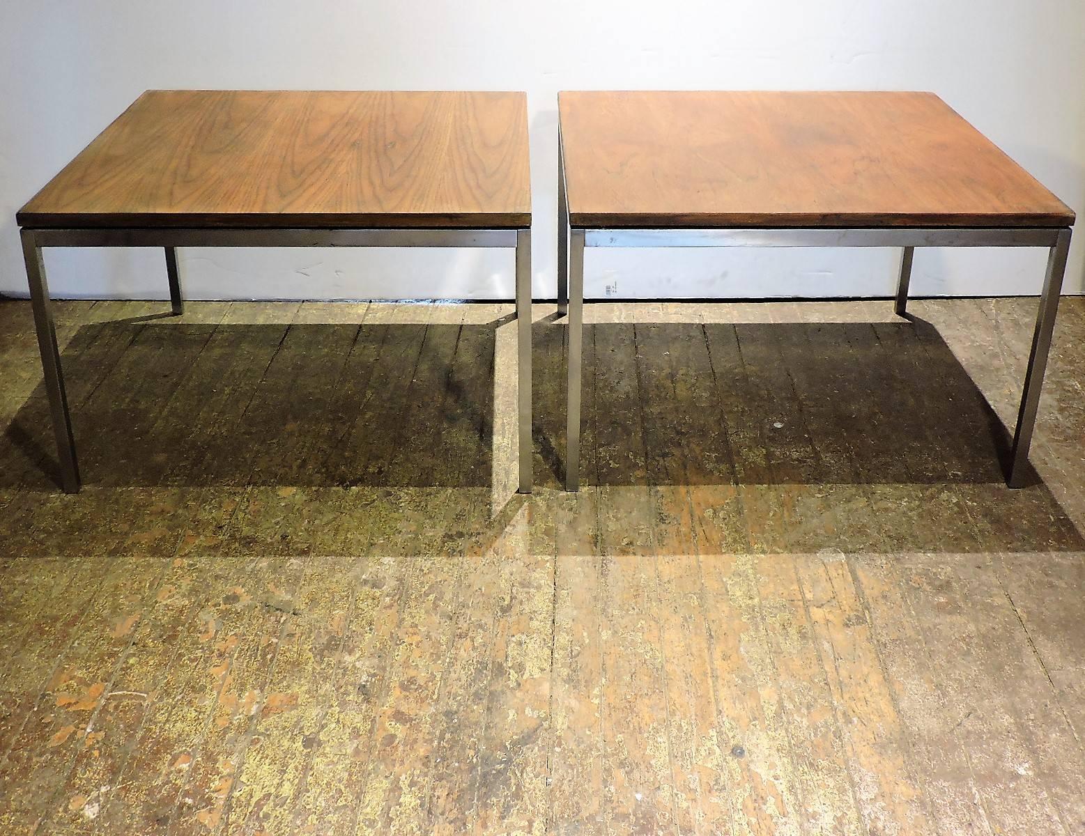 Early Florence Knoll Steel Tables with Floating Walnut Tops 1