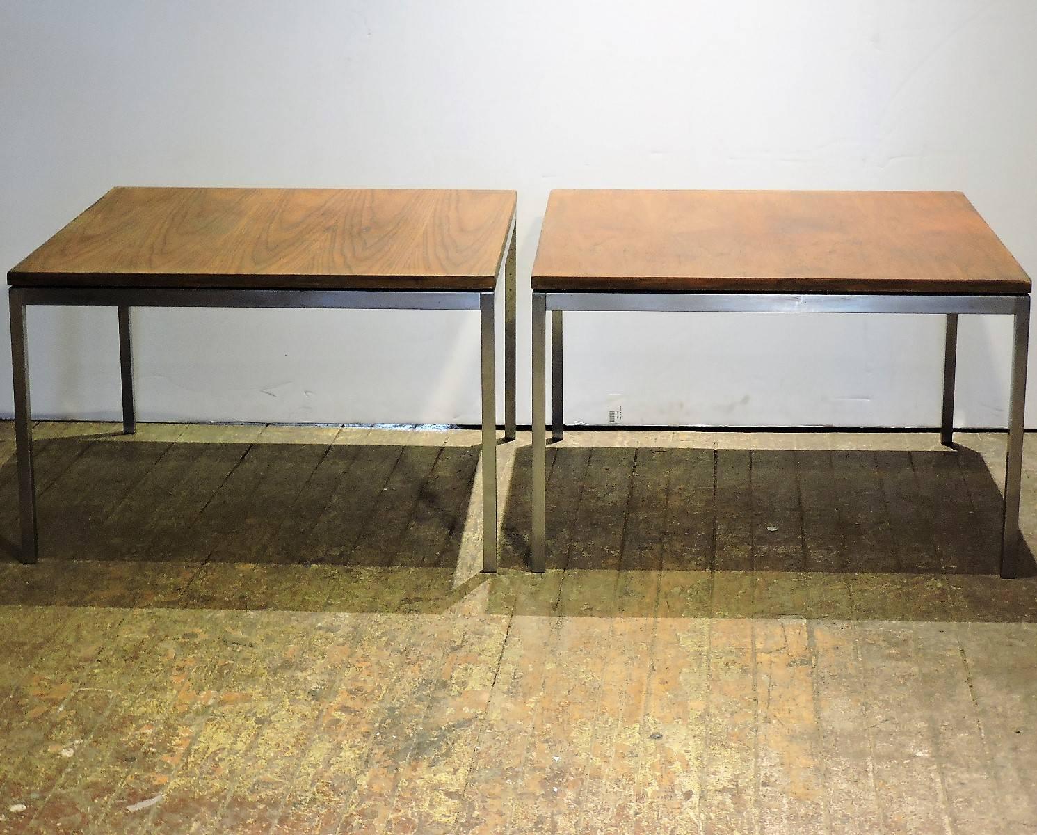 Early Florence Knoll Steel Tables with Floating Walnut Tops 3