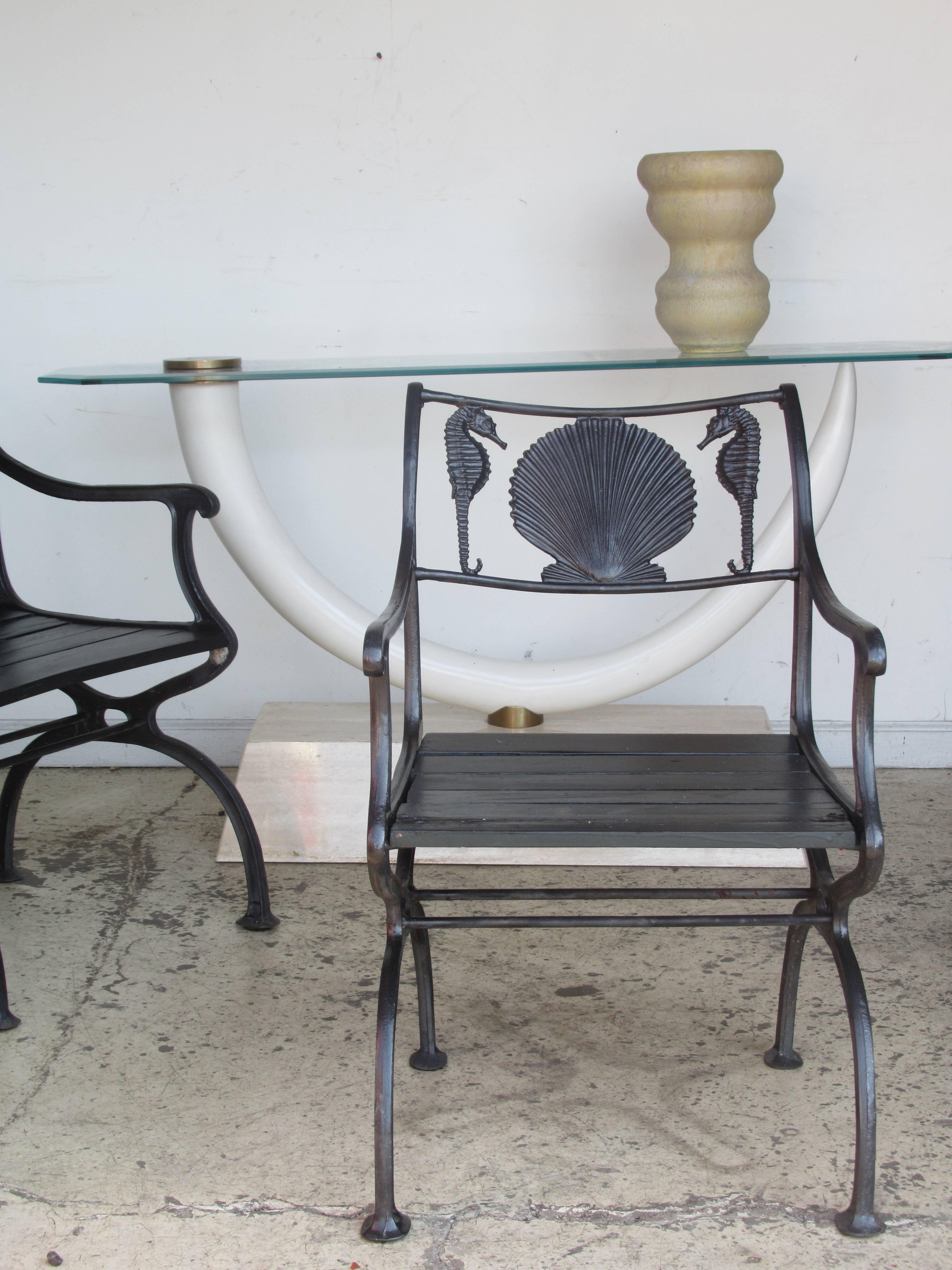 Cast Iron Scallop Shell and Seahorse Design Garden Benches and Chairs In Good Condition In Rochester, NY