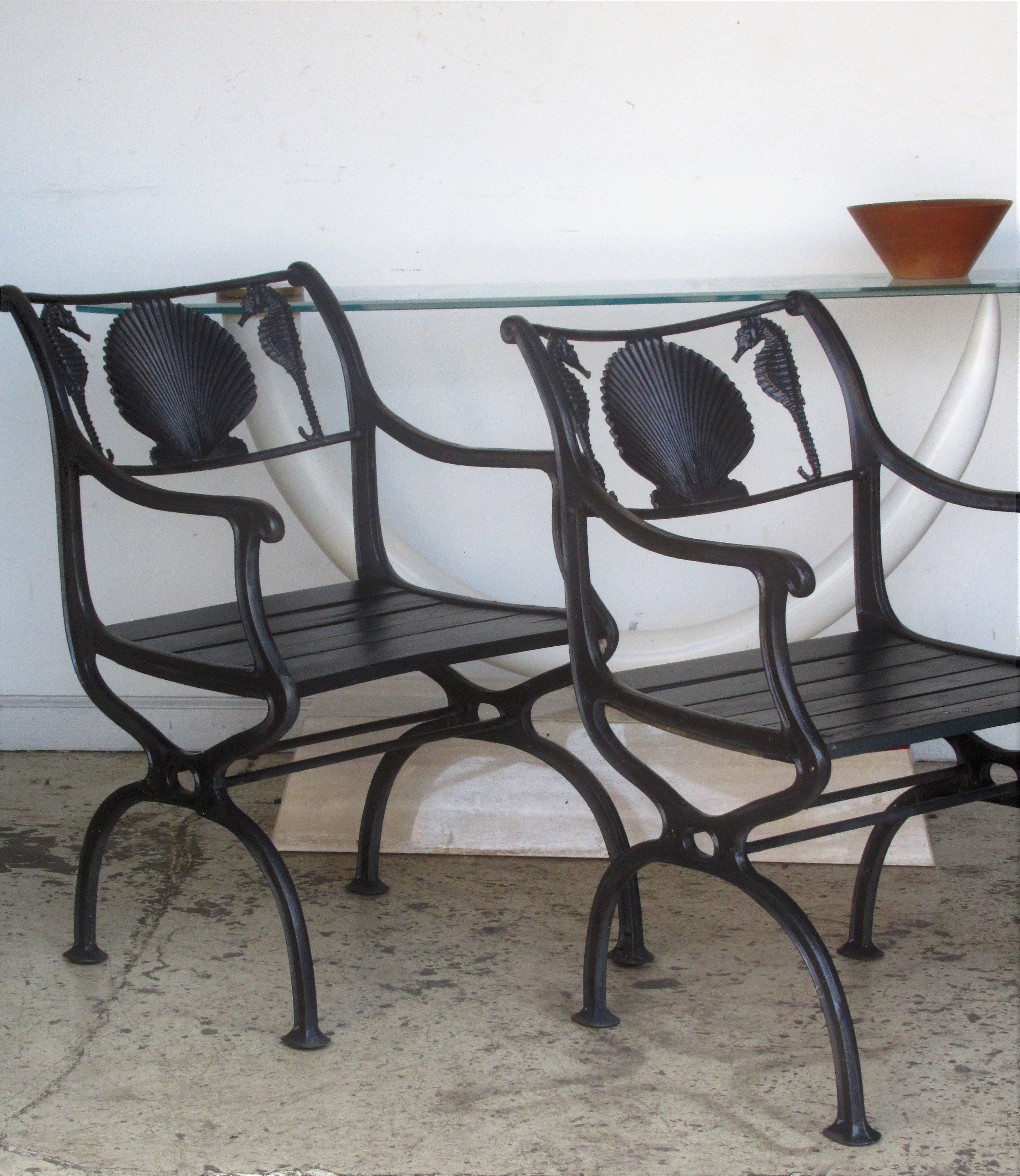 Art Deco Cast Iron Scallop Shell and Seahorse Design Garden Benches and Chairs