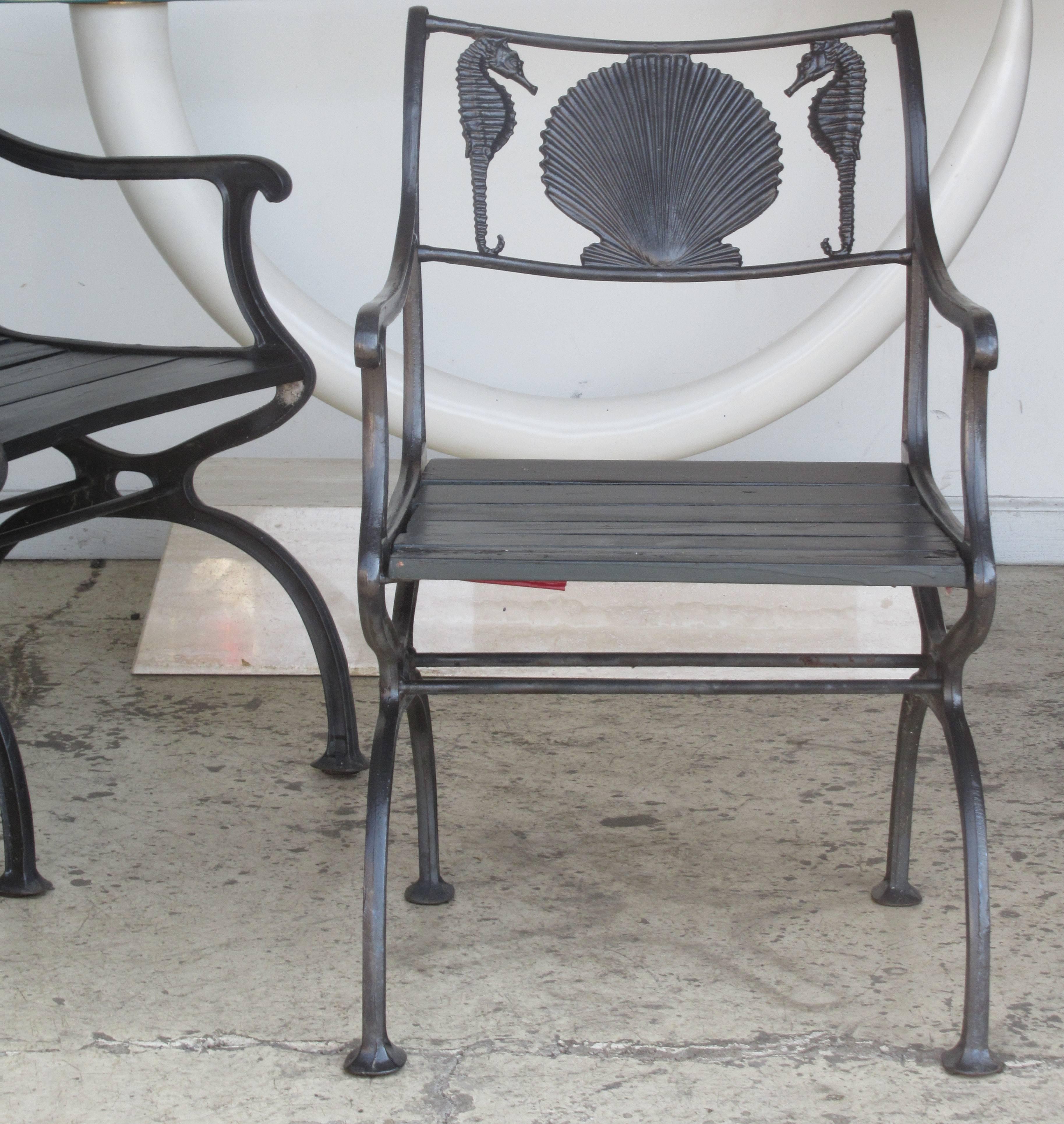 Mid-20th Century Cast Iron Scallop Shell and Seahorse Design Garden Benches and Chairs