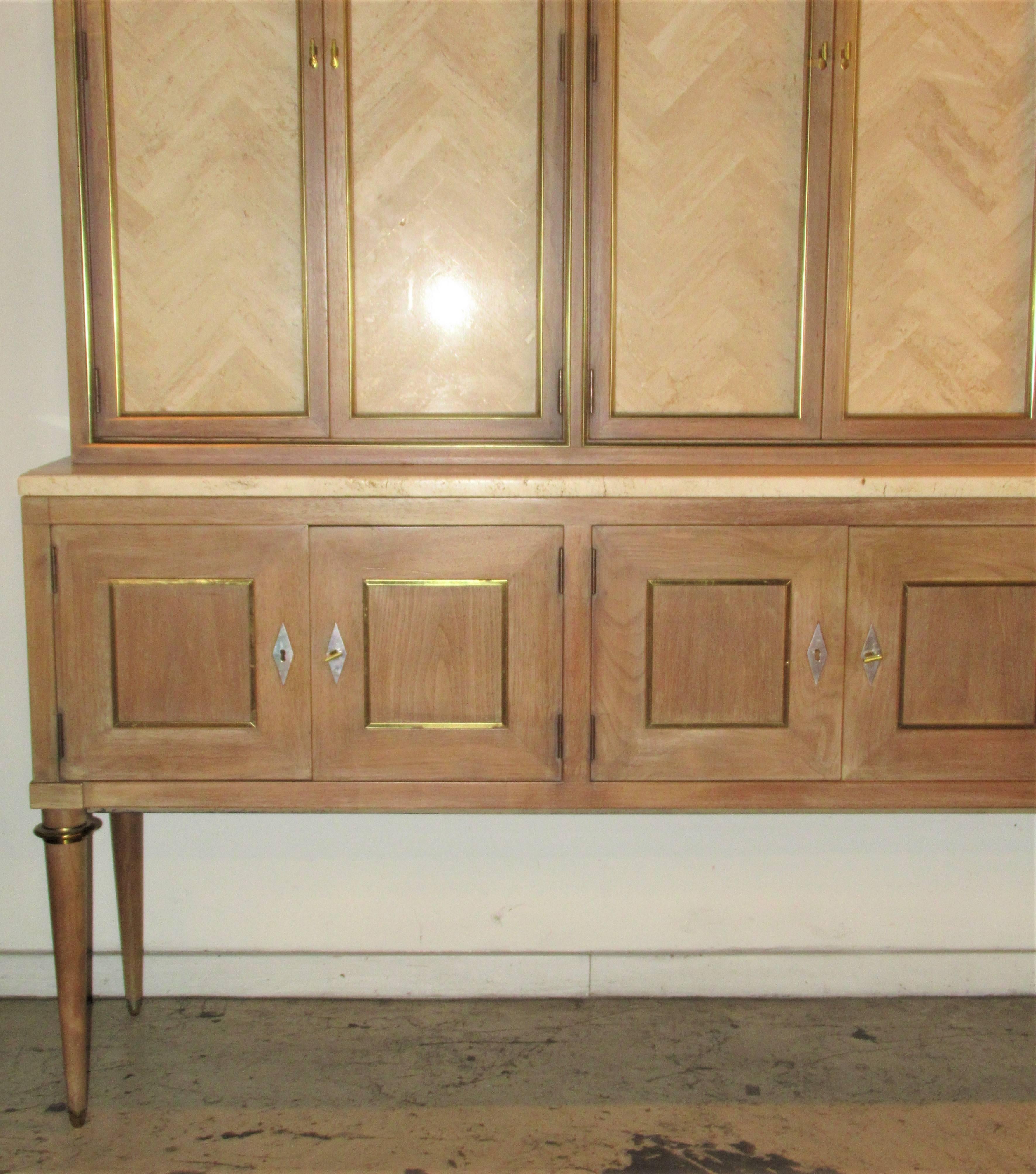 Mid-Century Modern Travertine Door Cerused Credenza Breakfront