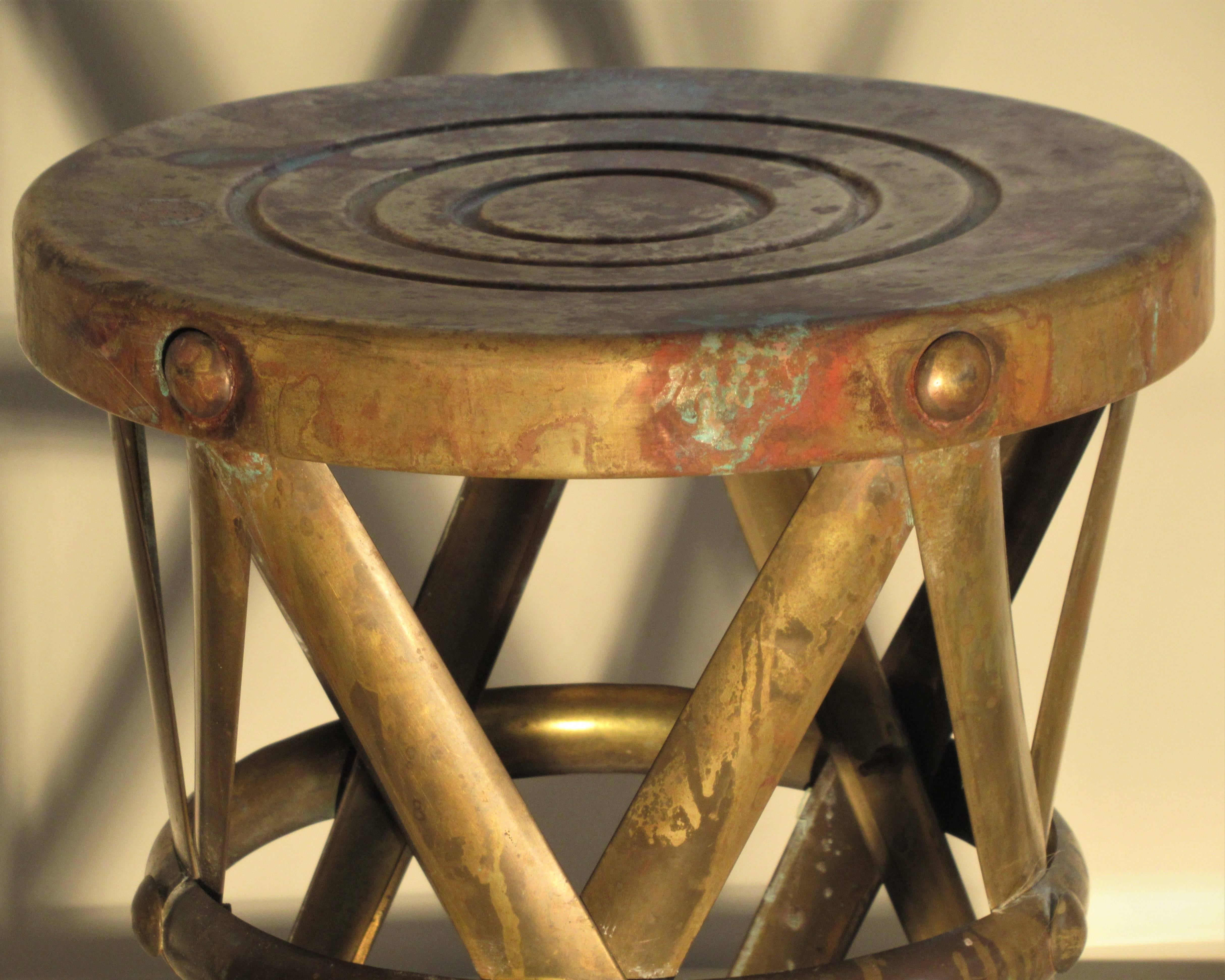 Hollywood Regency style X-form brass drum stool small taboret side table in nicely aged oxidized verdigris surface patina.