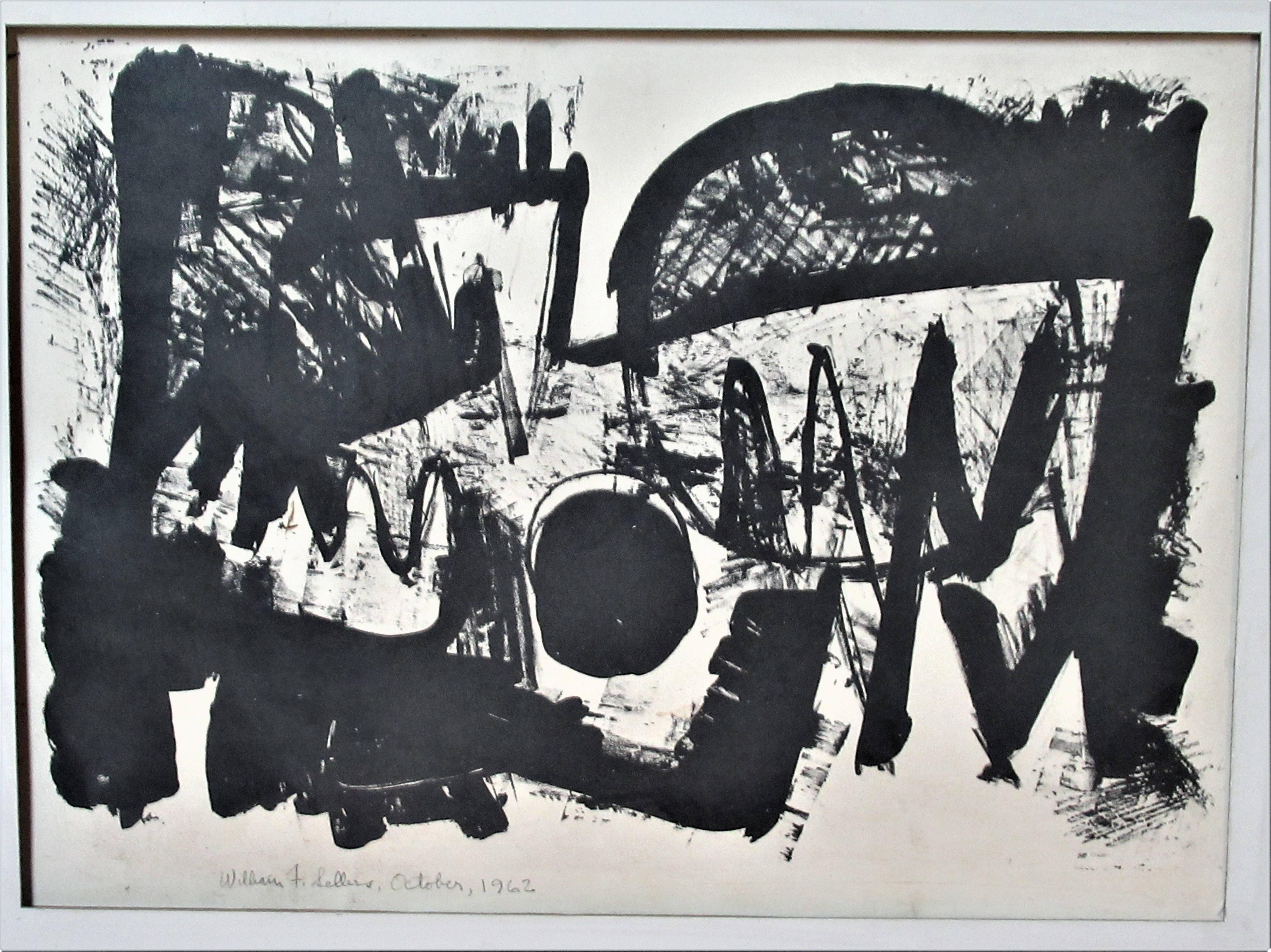 A striking sculptural abstract black and white lithograph print on paper in the original period cardboard matte by well exhibited award winning American metal sculptor artist William F. Sellers ( 1929 - 2019 ) pencil signed and dated lower left