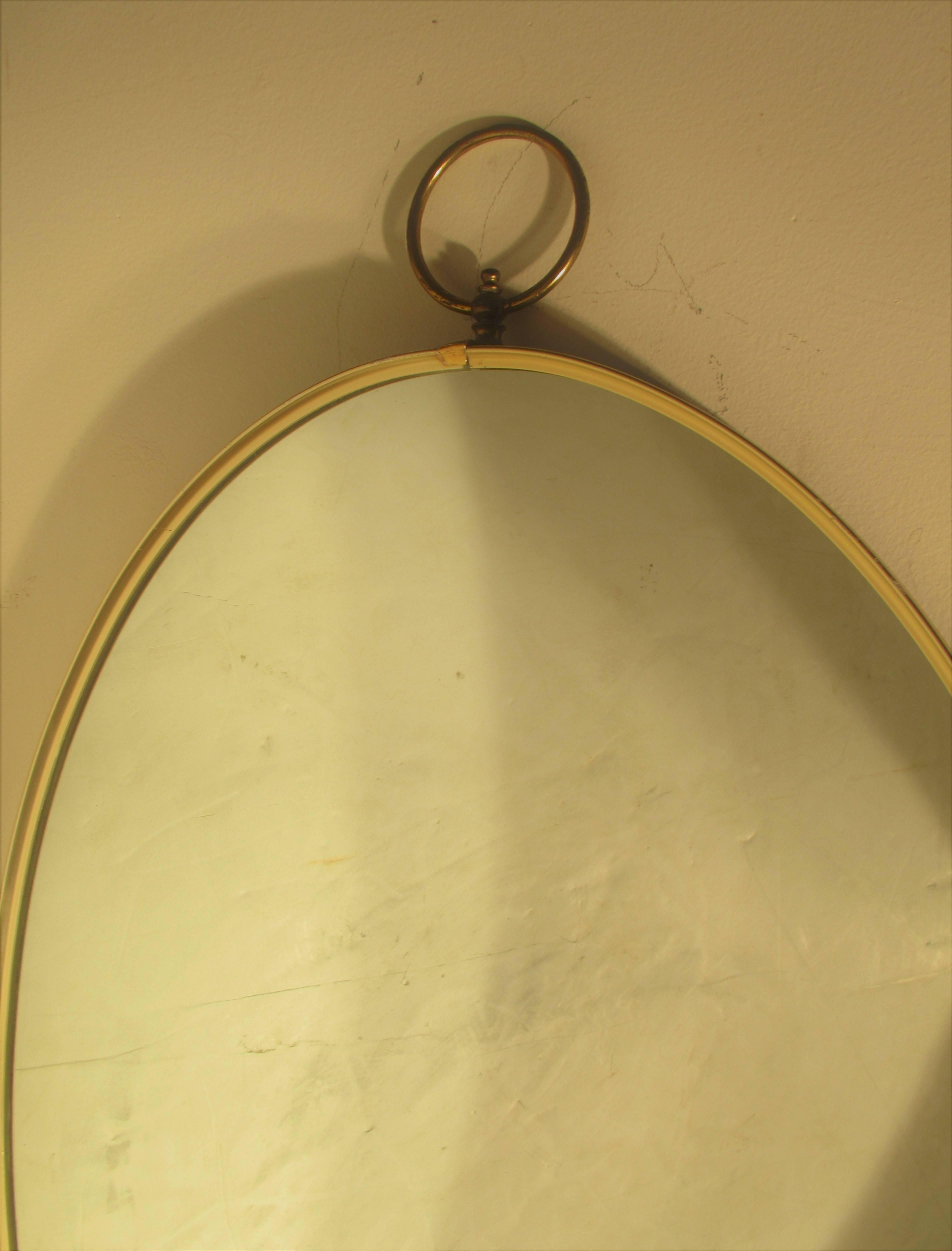 Mid-Century Modern Classic Oval Brass Mirror with Ring Finial